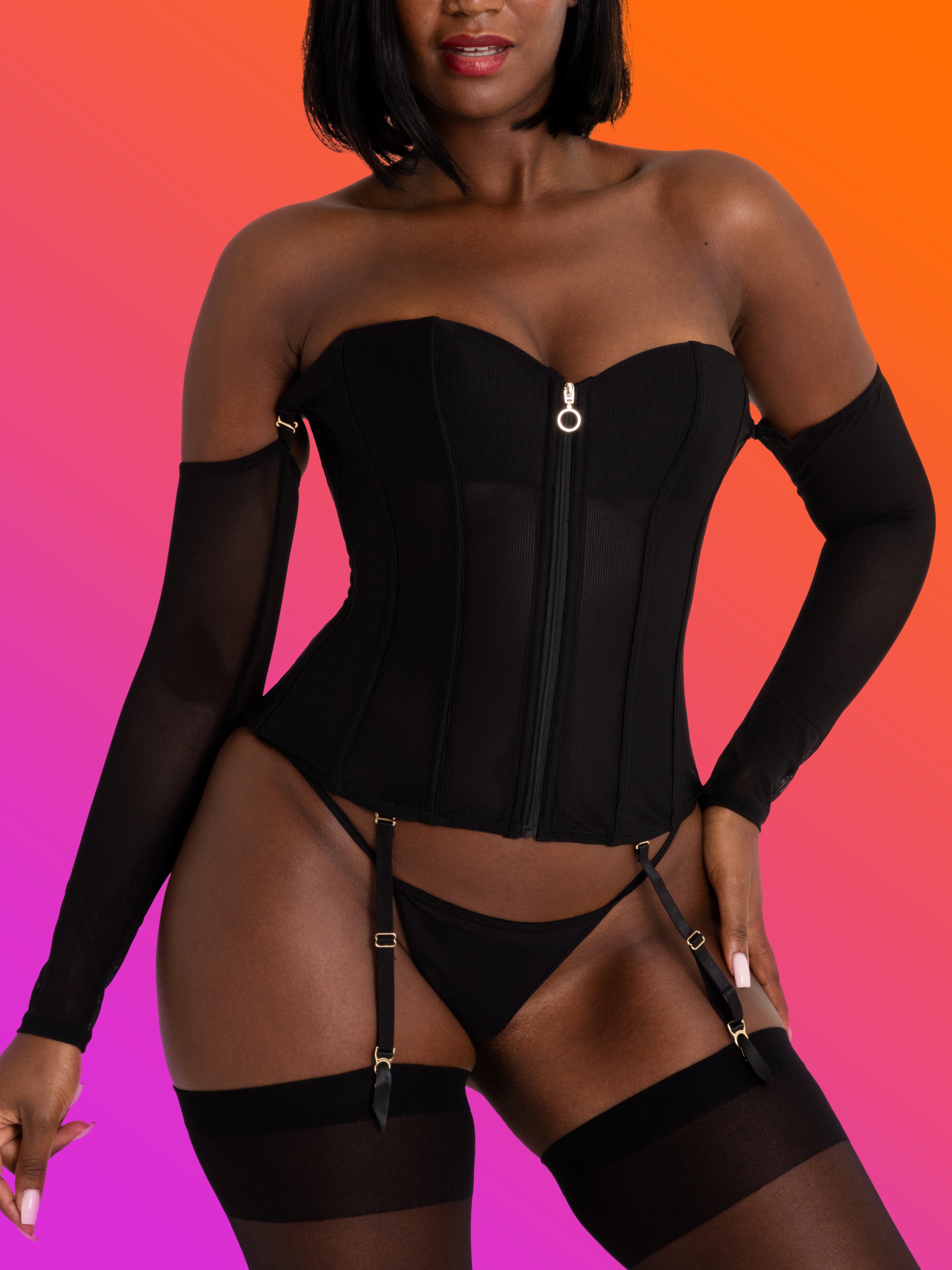 Lovehoney Secret Silhouette Black Steel-Boned Long Sleeve Corset, Black, hi-res
