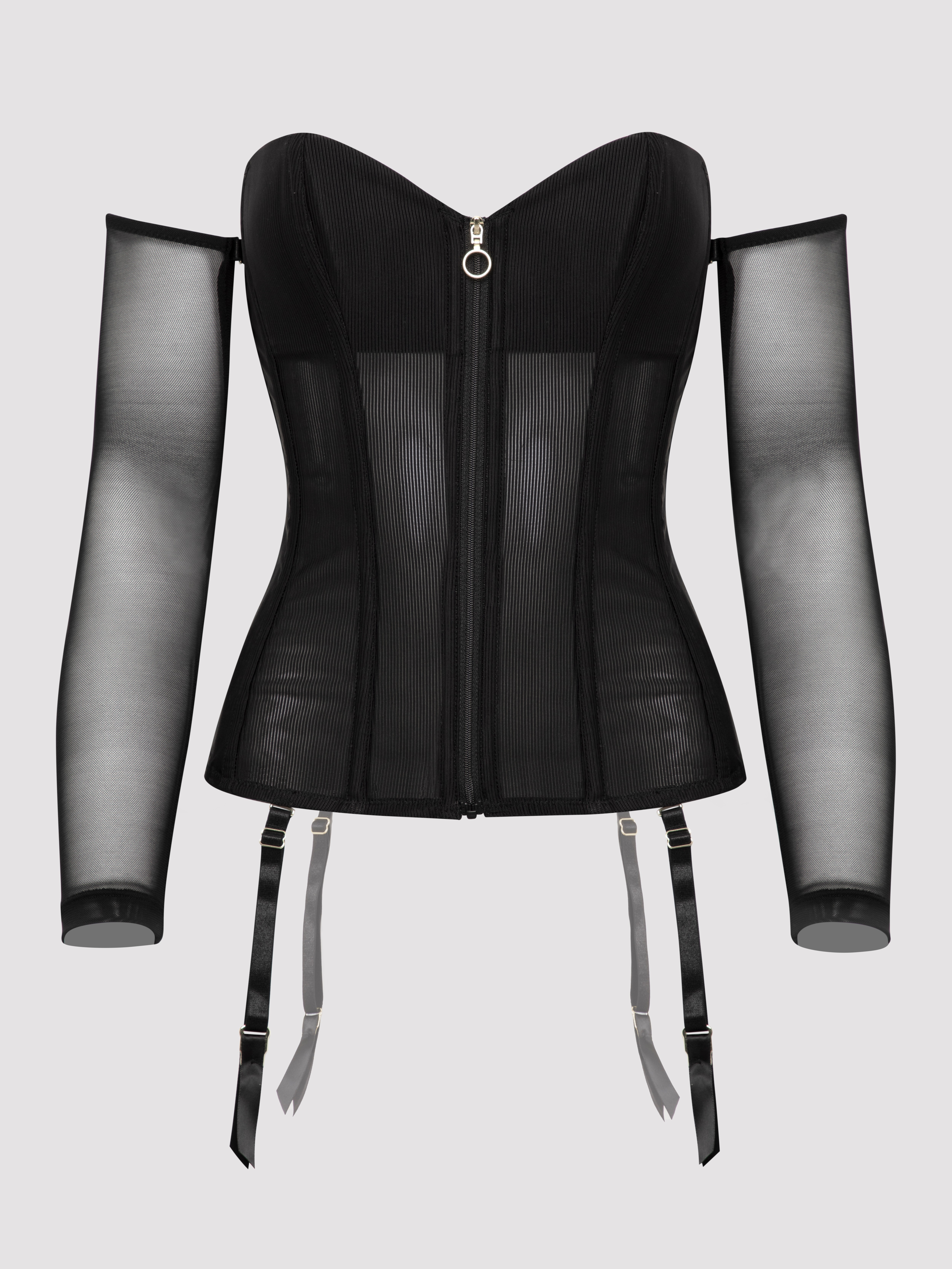 Lovehoney Secret Silhouette Black Steel-Boned Long Sleeve Corset, Black, hi-res