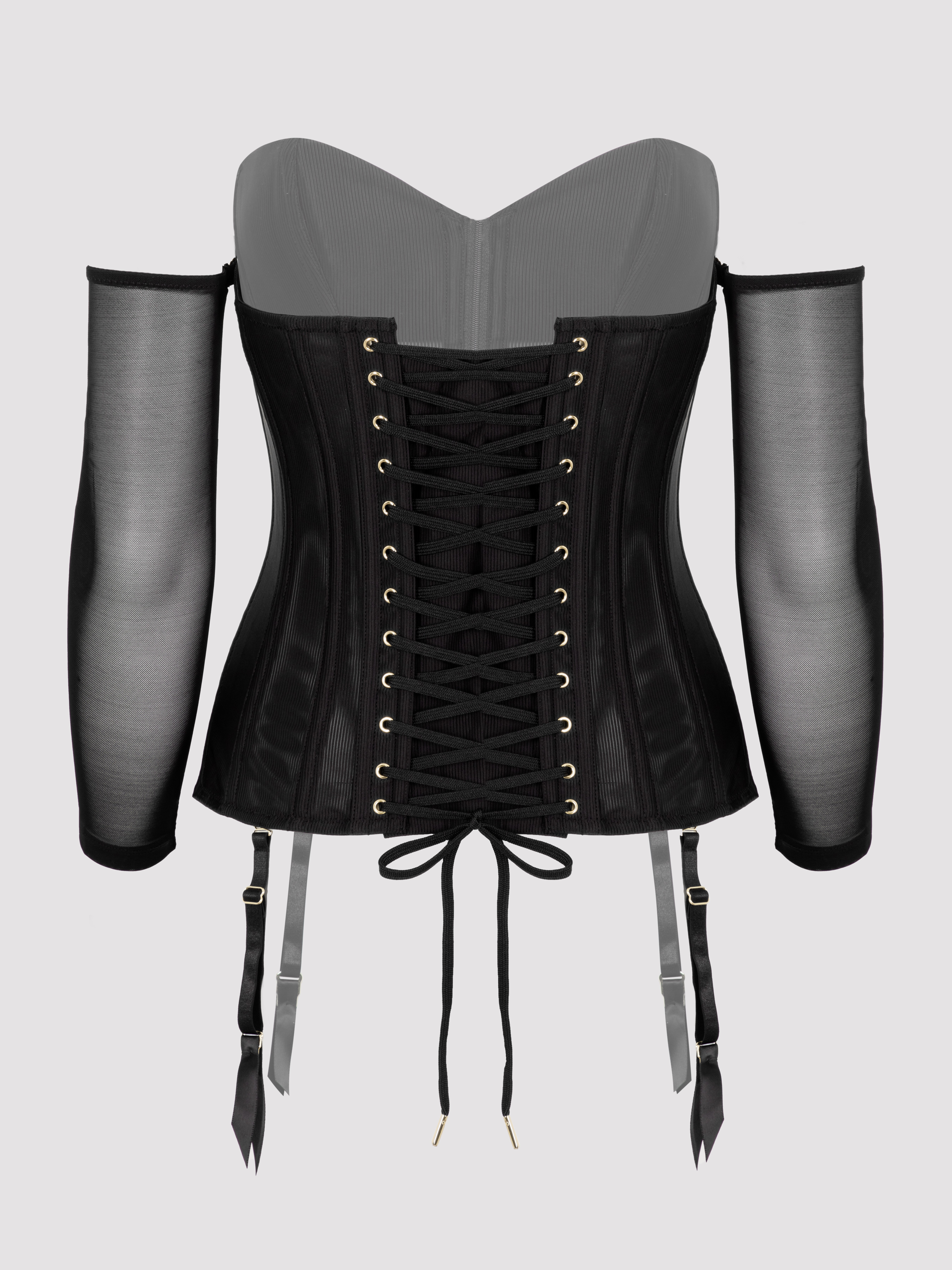 Lovehoney Secret Silhouette Black Steel-Boned Long Sleeve Corset, Black, vanilla