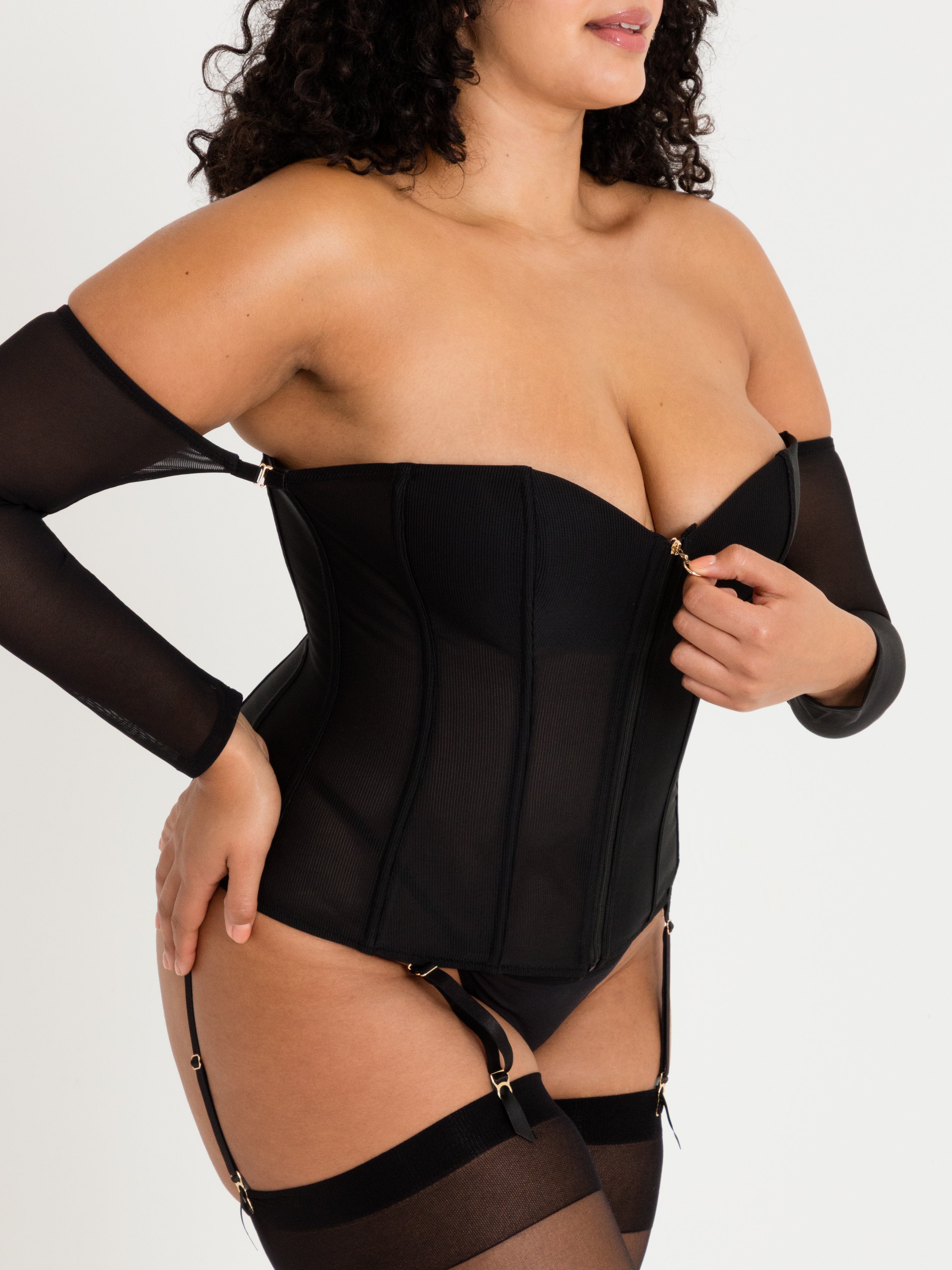 Lovehoney Secret Silhouette Black Steel-Boned Long Sleeve Corset, Black, hi-res