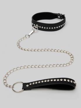 Ouch! Faux Leather Diamond Studded Collar With Leash