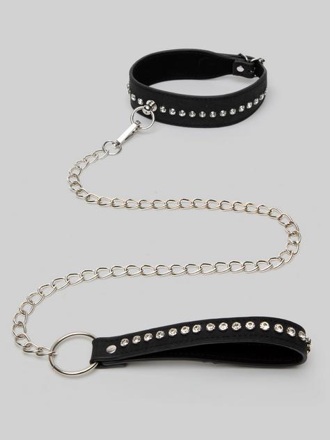 Ouch! Faux Leather Diamond Studded Collar With Leash, Black, hi-res