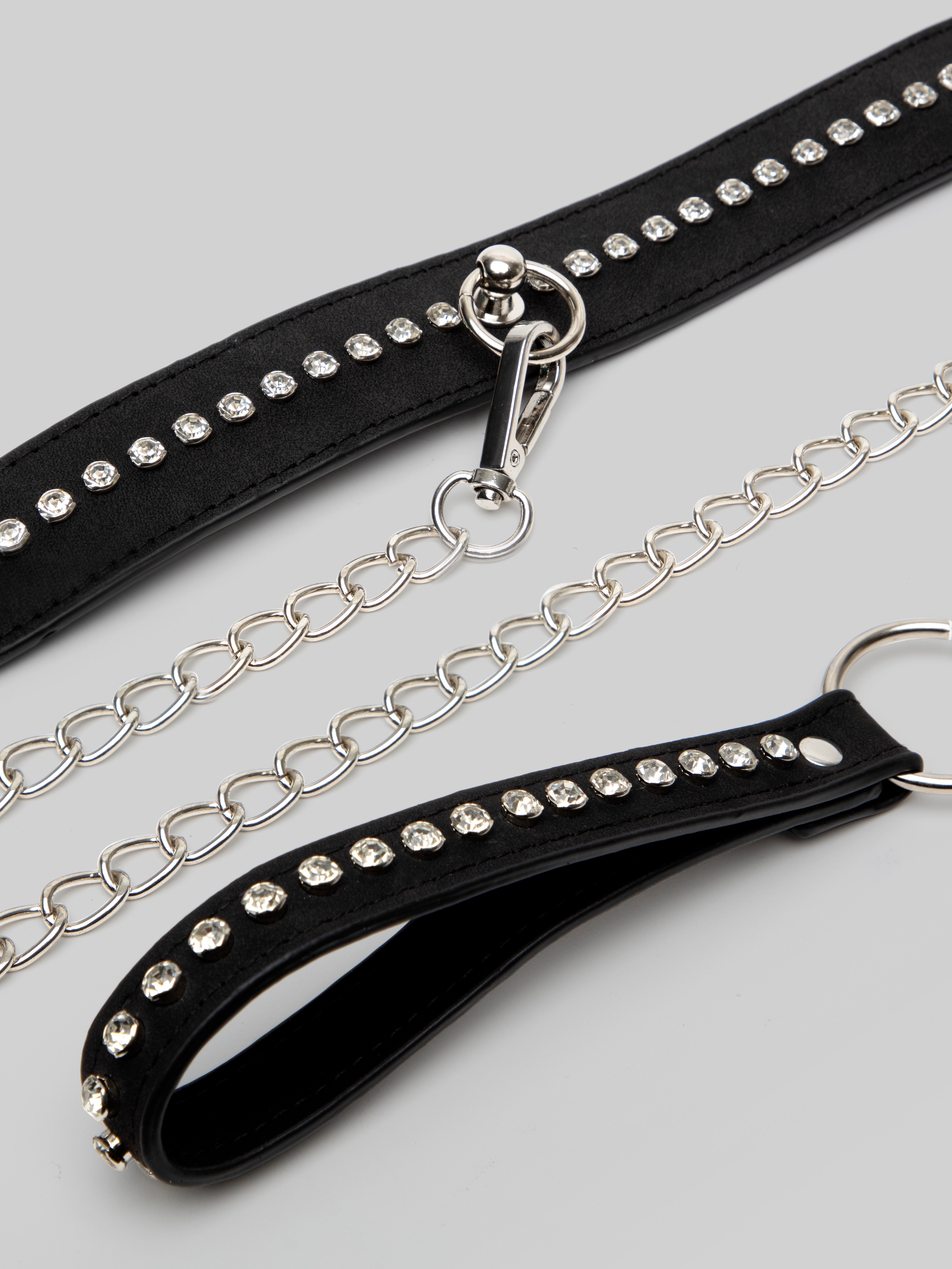 Ouch! Faux Leather Diamond Studded Collar With Leash, Black, hi-res
