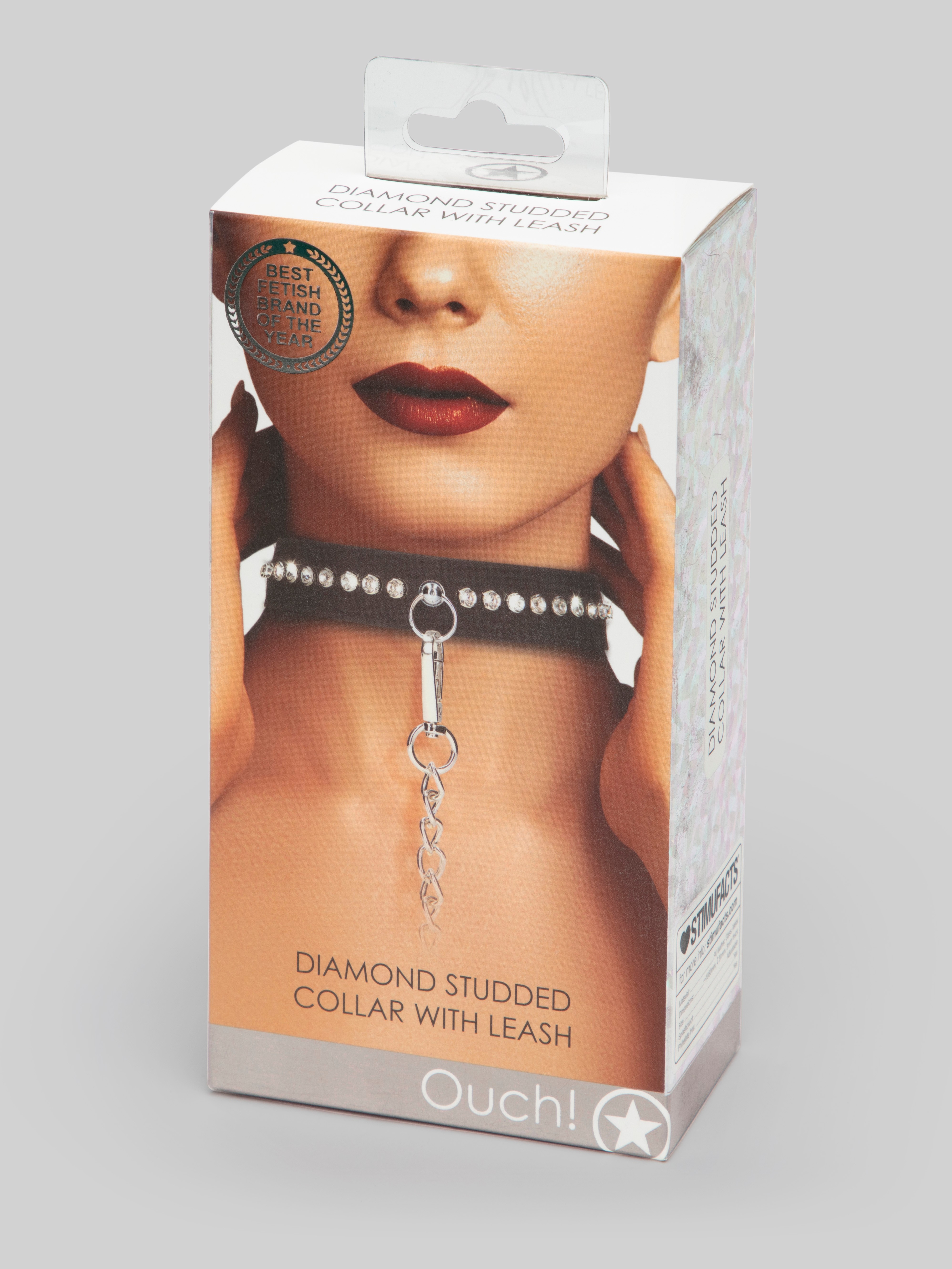 Ouch! Faux Leather Diamond Studded Collar With Leash, Black, hi-res