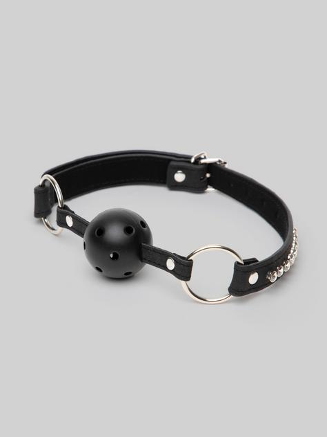 Ouch! Faux Leather Breathable Ball Gag With Diamond Studded Straps, Black, hi-res