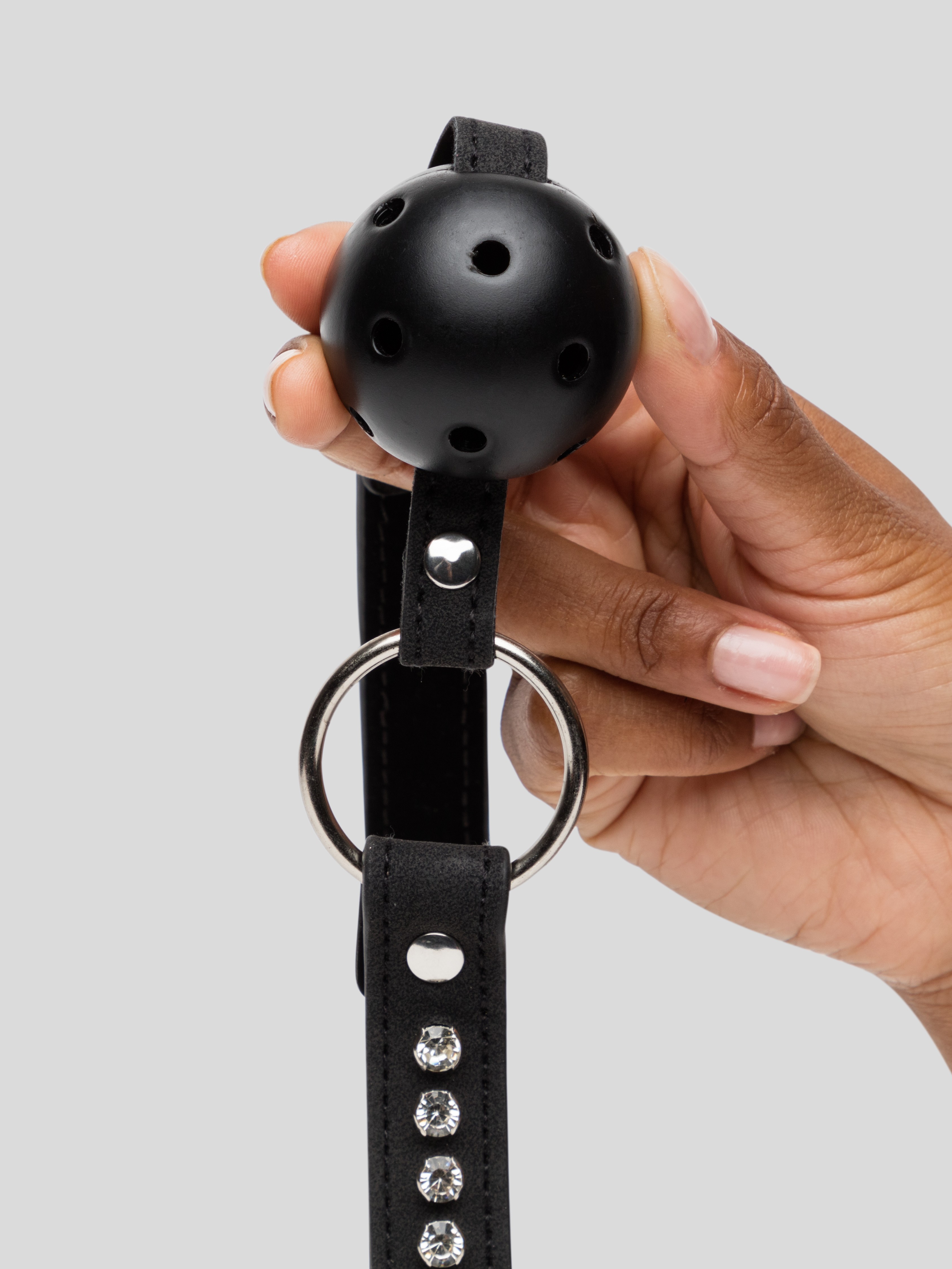 Ouch! Faux Leather Breathable Ball Gag With Diamond Studded Straps, Black, hi-res