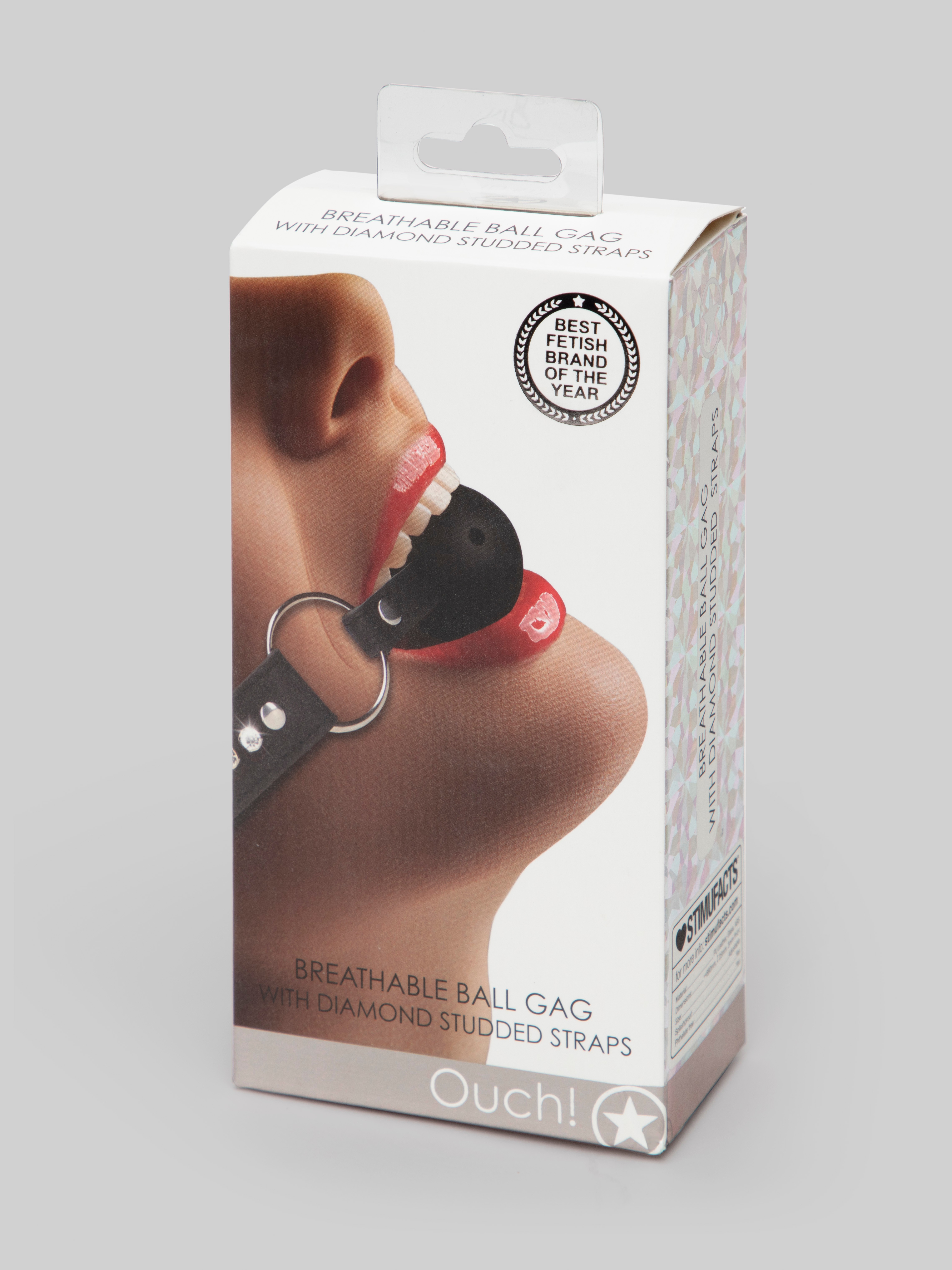 Ouch! Faux Leather Breathable Ball Gag With Diamond Studded Straps, Black, hi-res