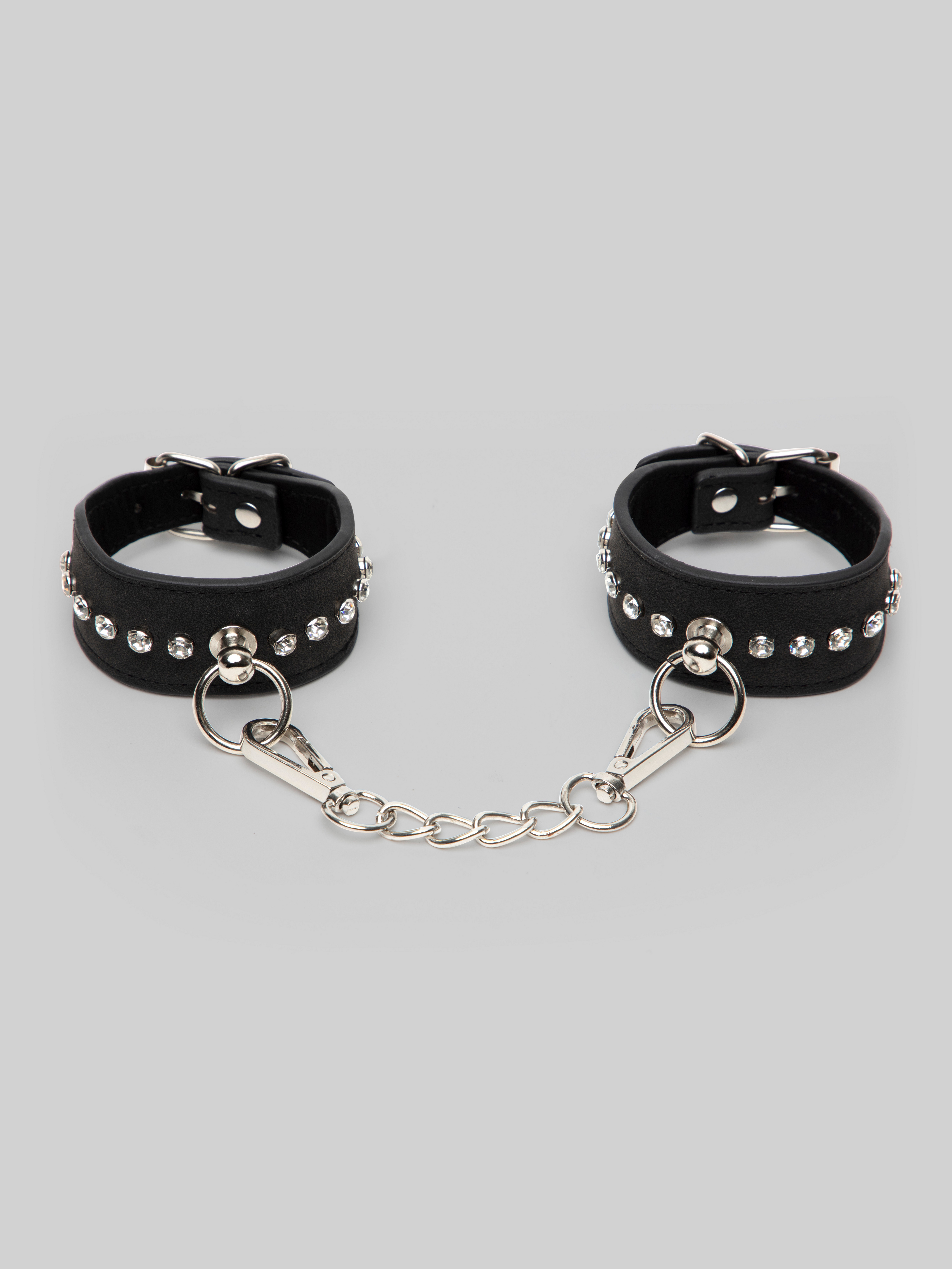 Ouch! Faux Leather Diamond Studded Wrist Cuffs, Black, hi-res
