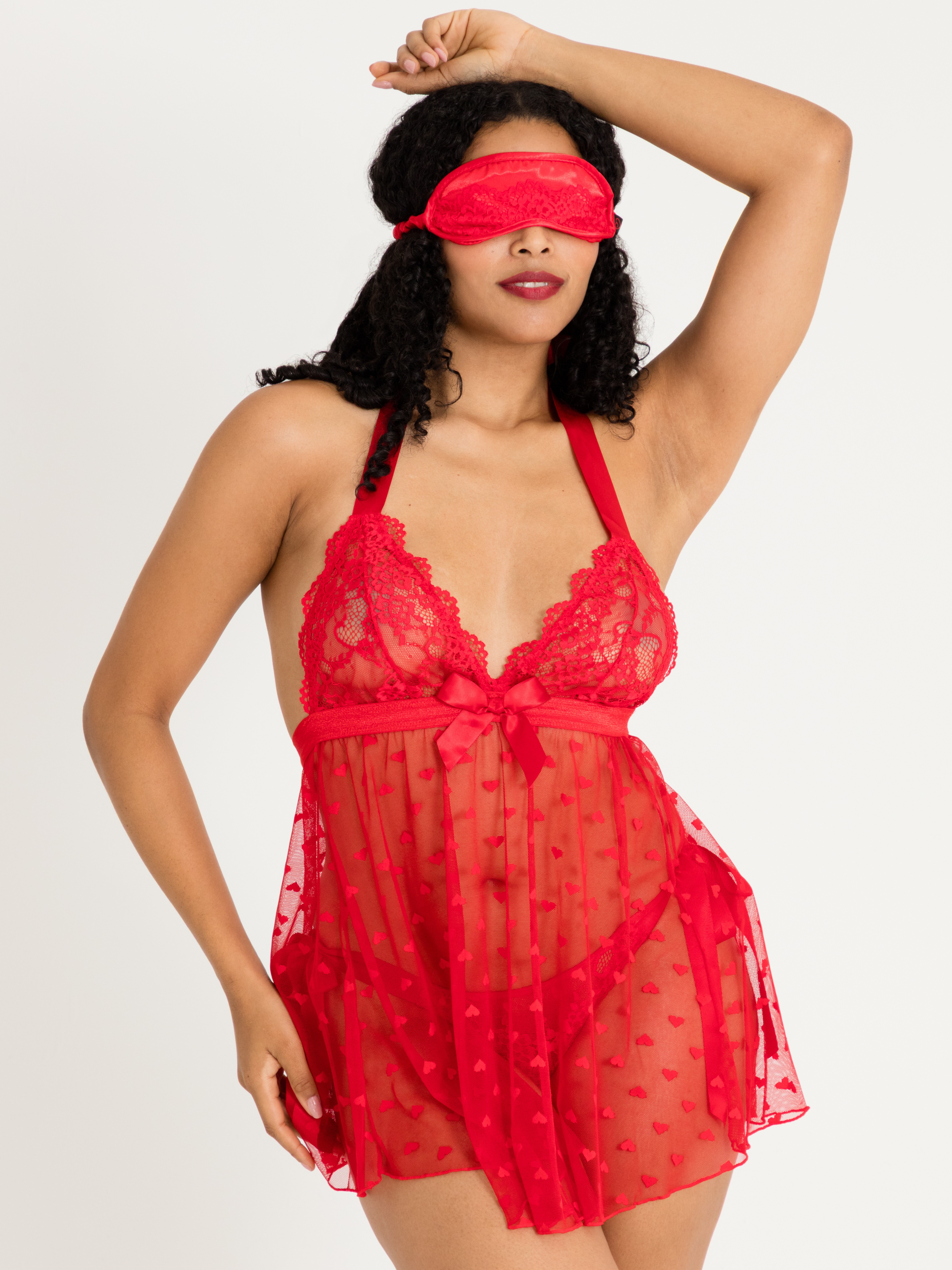 Lovehoney Black Lace Babydoll Gift Set, Red, hi-res