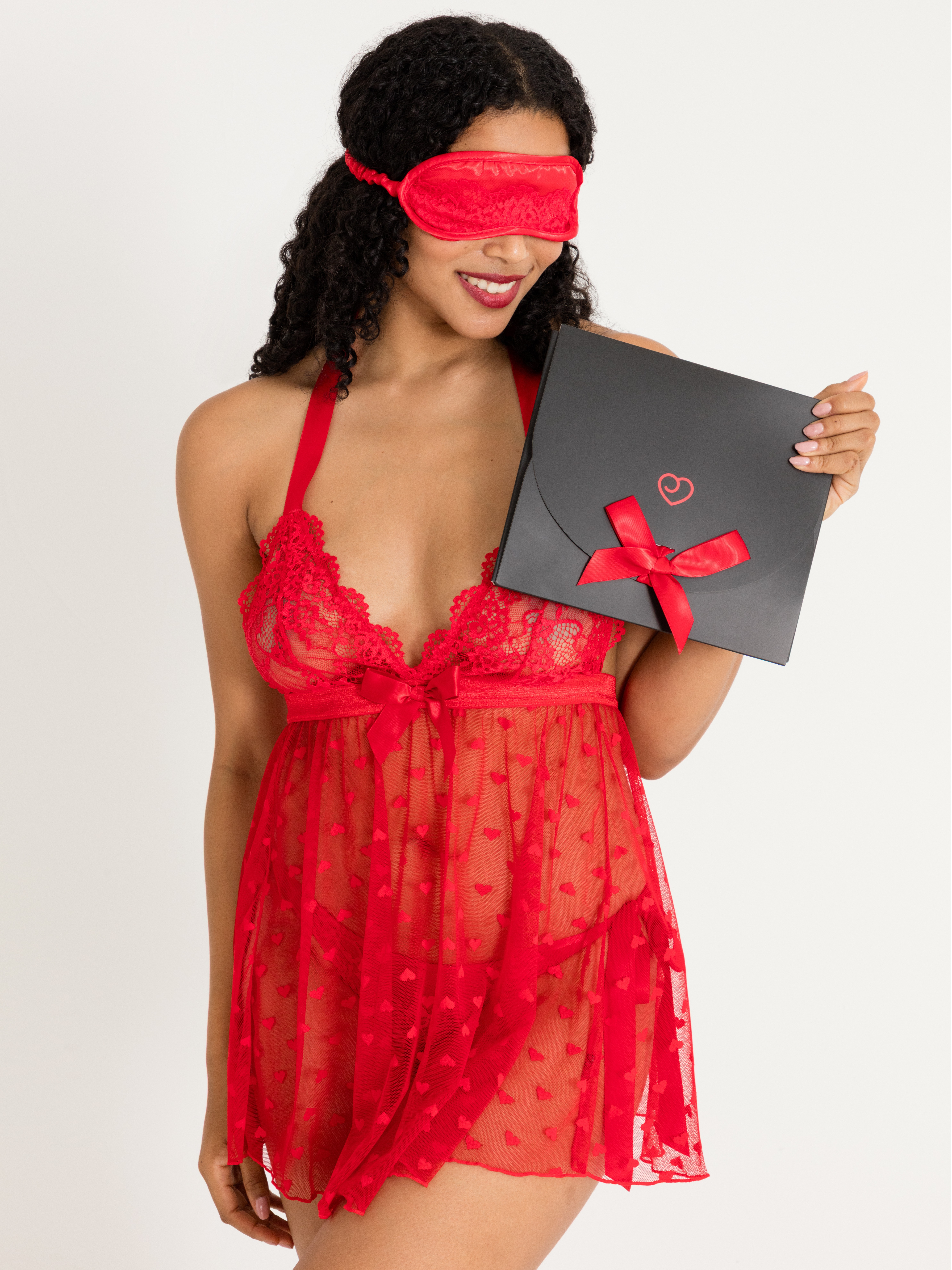Lovehoney Black Lace Babydoll Gift Set, Red, hi-res