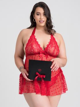 Ensemble nuisette culotte enveloppe-cadeau grande taille rouge, Lovehoney