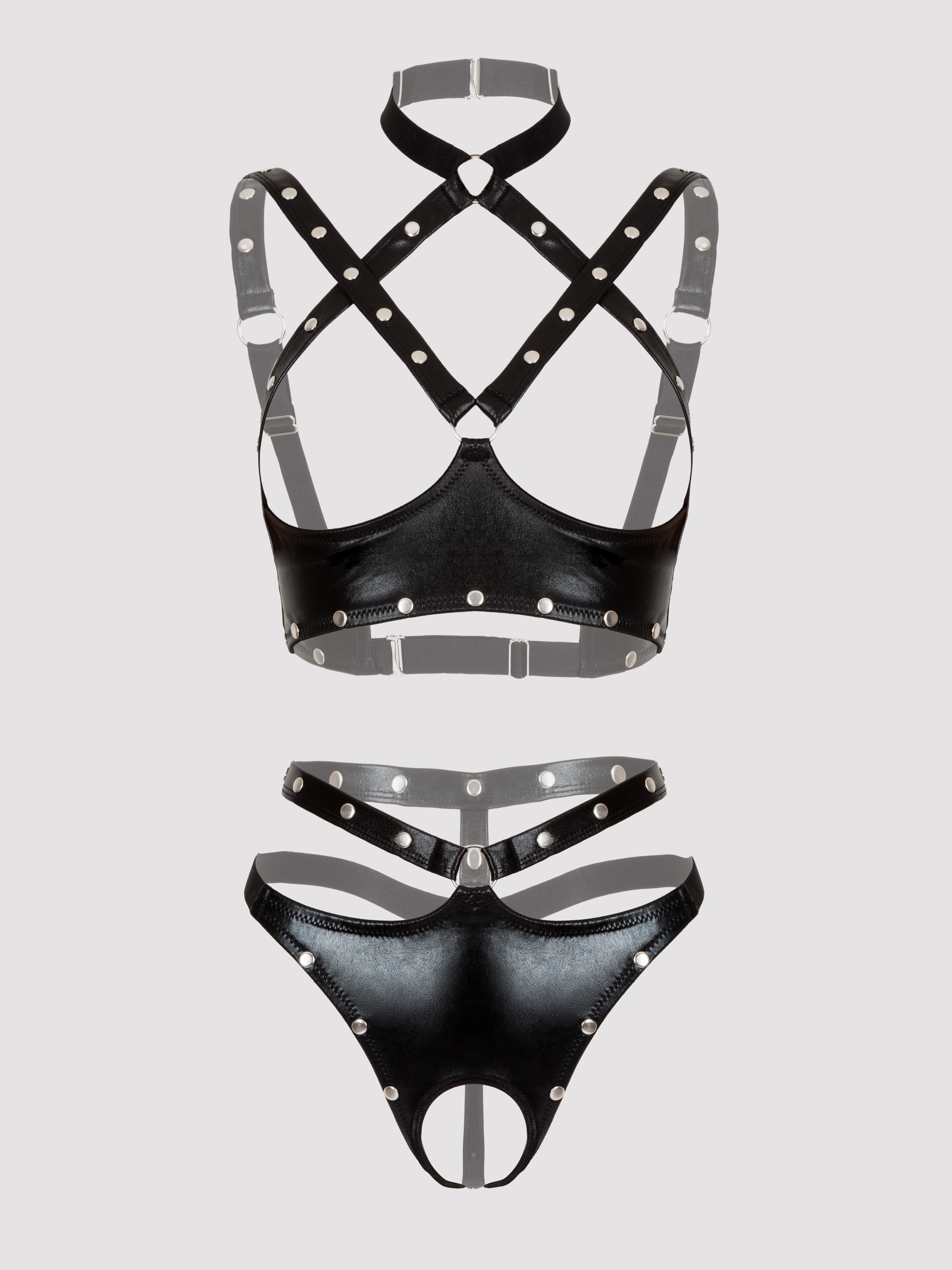 Lovehoney Fierce Tough Love Wet Look Open-Cup Crotchless Bra Set, Black, hi-res