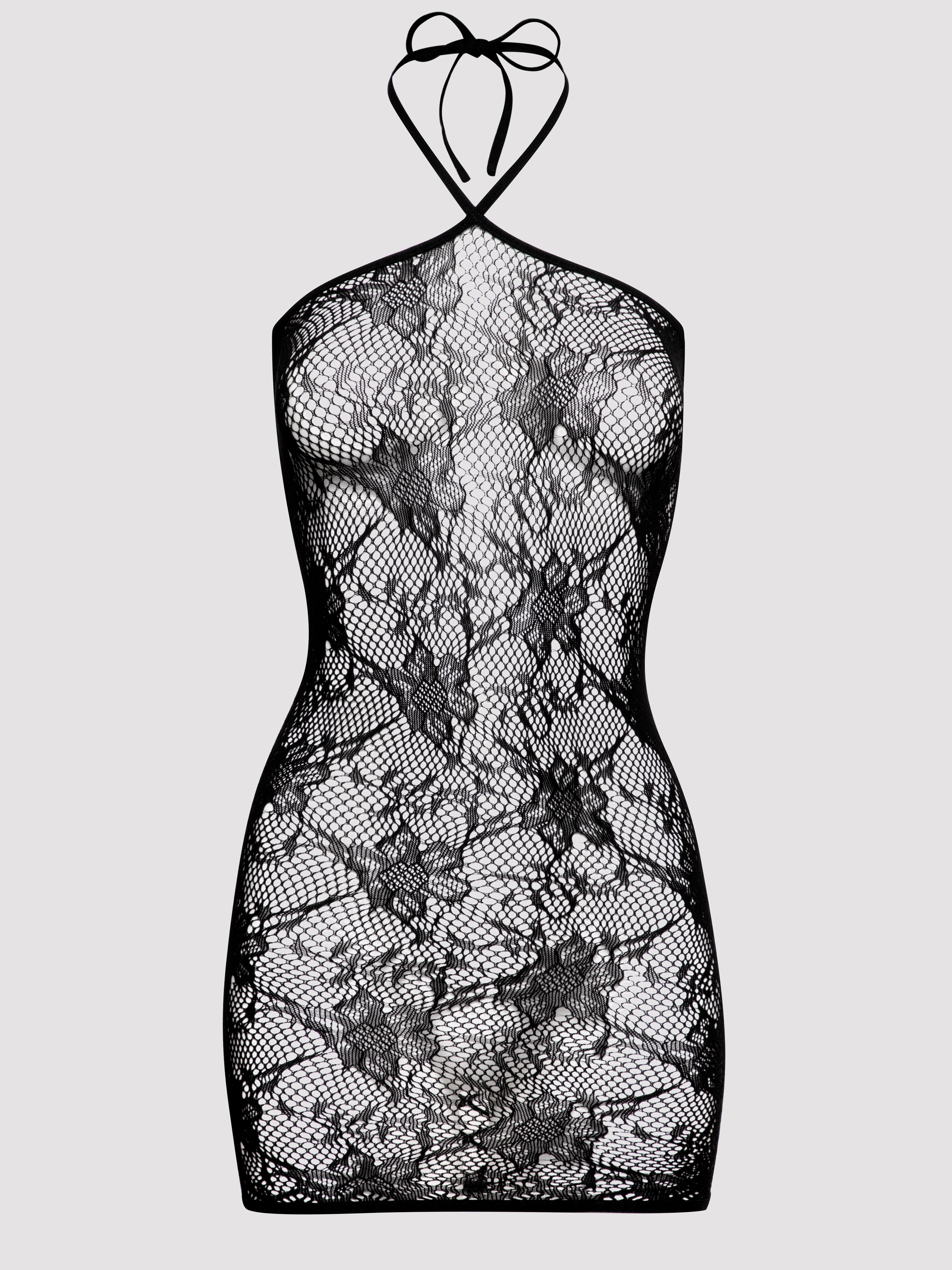 Lovehoney Treasure Chest Black Lace Mini Dress , Black, vanilla