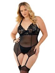 Escante All Yours Black Lace and Mesh Bustier Set with Stockings, Black, hi-res