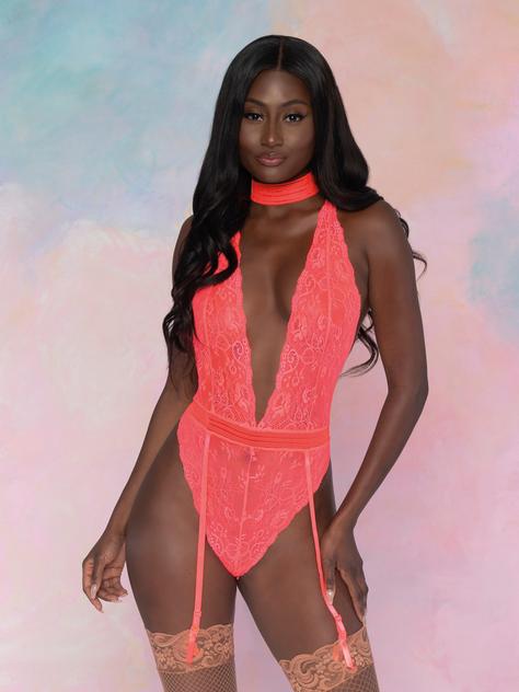 Dreamgirl Coral Lace Deep V Plunge Teddy, Coral, hi-res