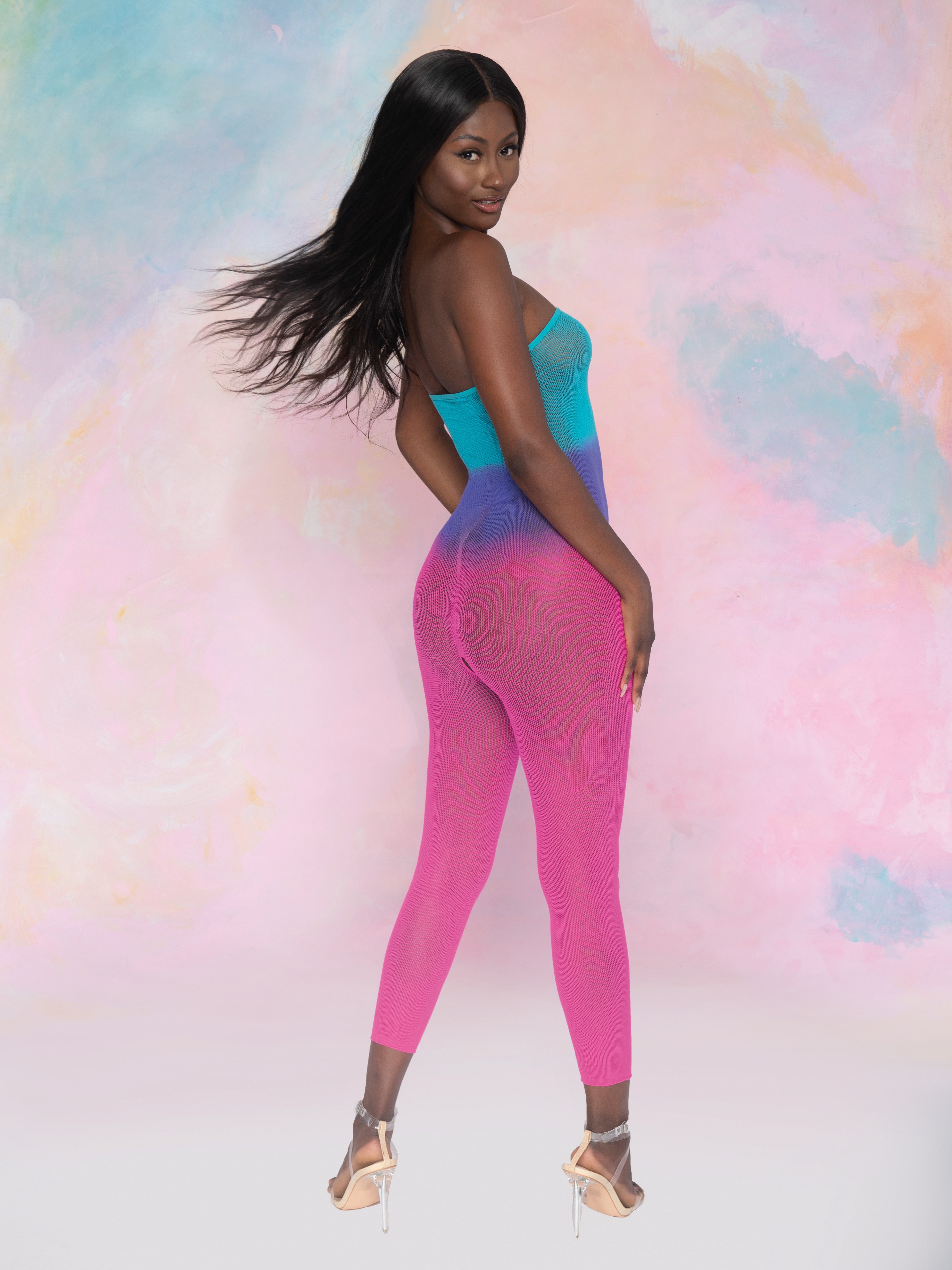 Dreamgirl Rainbow Seamless Mesh 2-in-1 Crotchless Bodystocking and Dress, Rainbow, hi-res