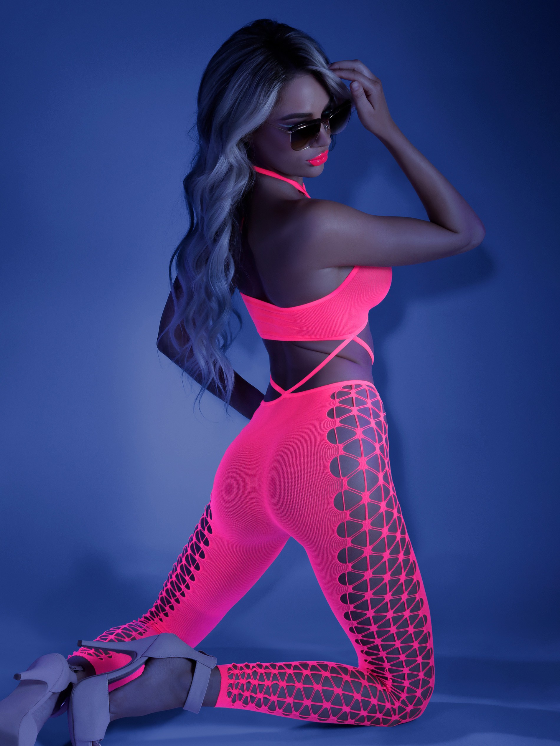 Fantasy Lingerie Glow Neon Pink Own The Night Bodystocking, Hot Pink, hi-res