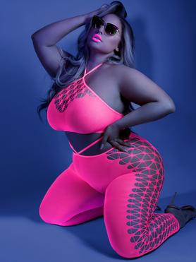 Collant intégral grande taille rose fluo Glow, Fantasy Lingerie 