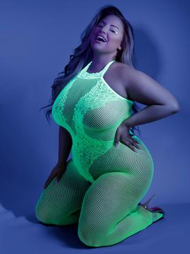 Fantasy Lingerie Plus Size Neon Green Crotchless Fishnet Bodystocking