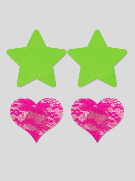 Fantasy Lingerie Glow Neon Green Stars and Hearts Nipple Pasties , , hi-res