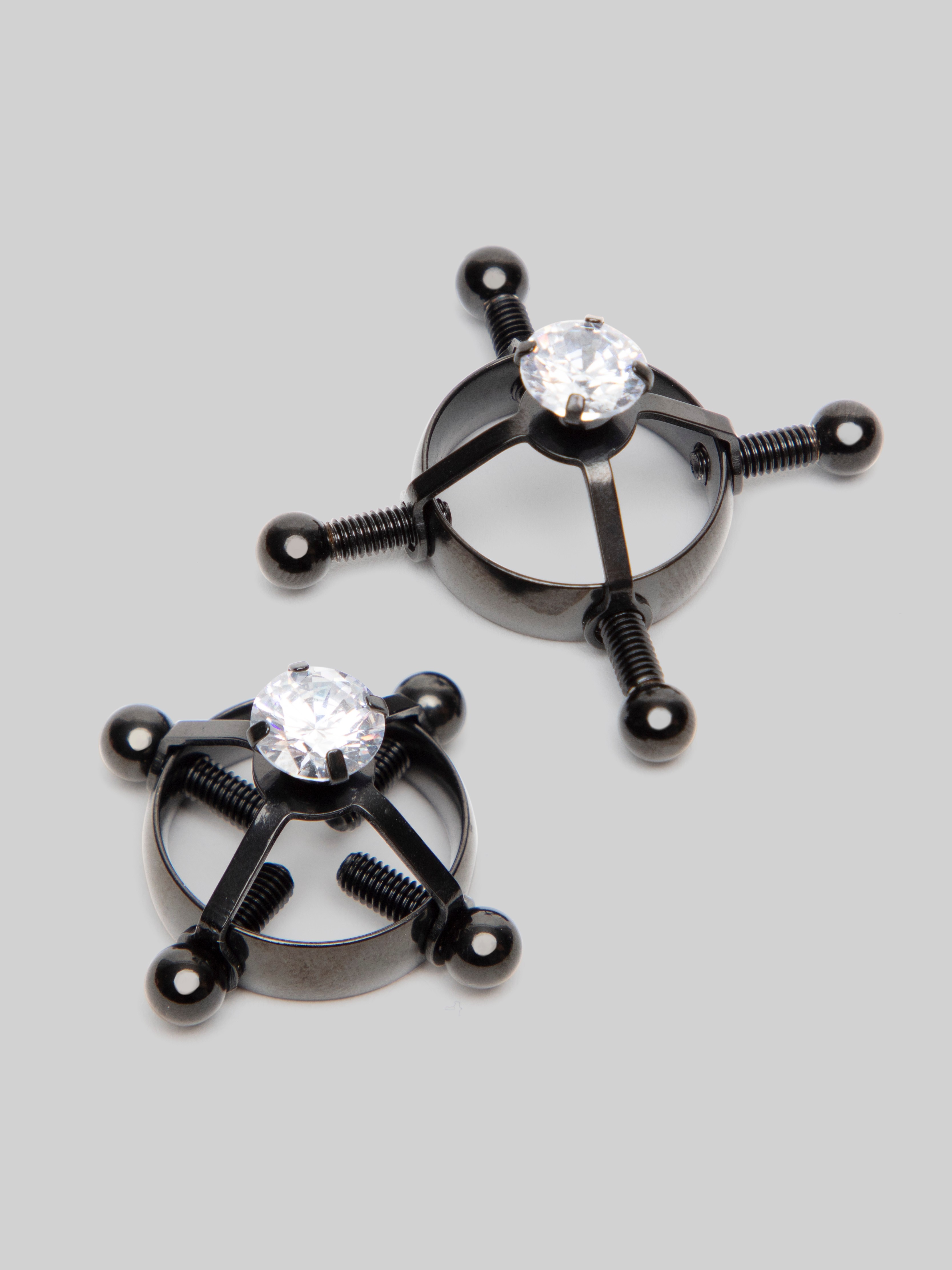 Black 4 Point Diamante Adjustable Stainless Steel Nipple Clamps, Black, hi-res