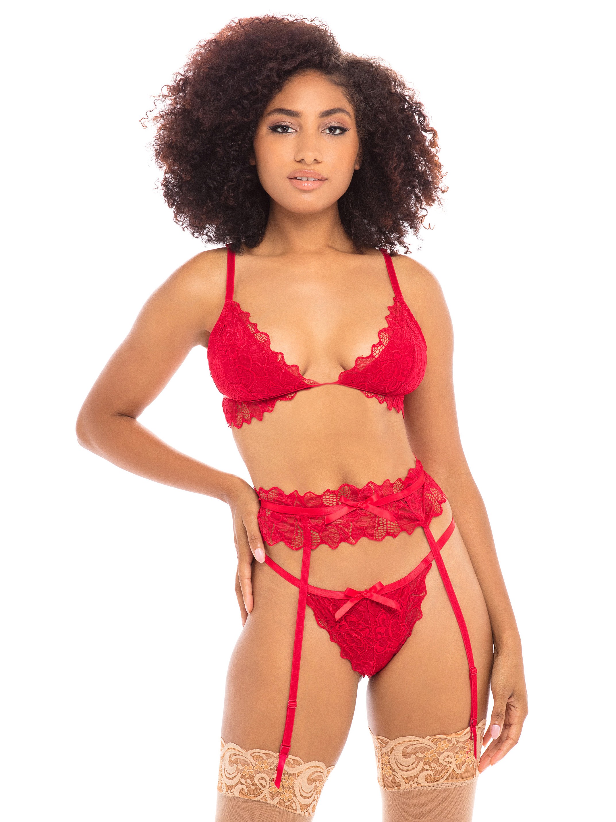 Oh La La Cheri Red Floral Lace Bra Set (3 Piece), Red, hi-res
