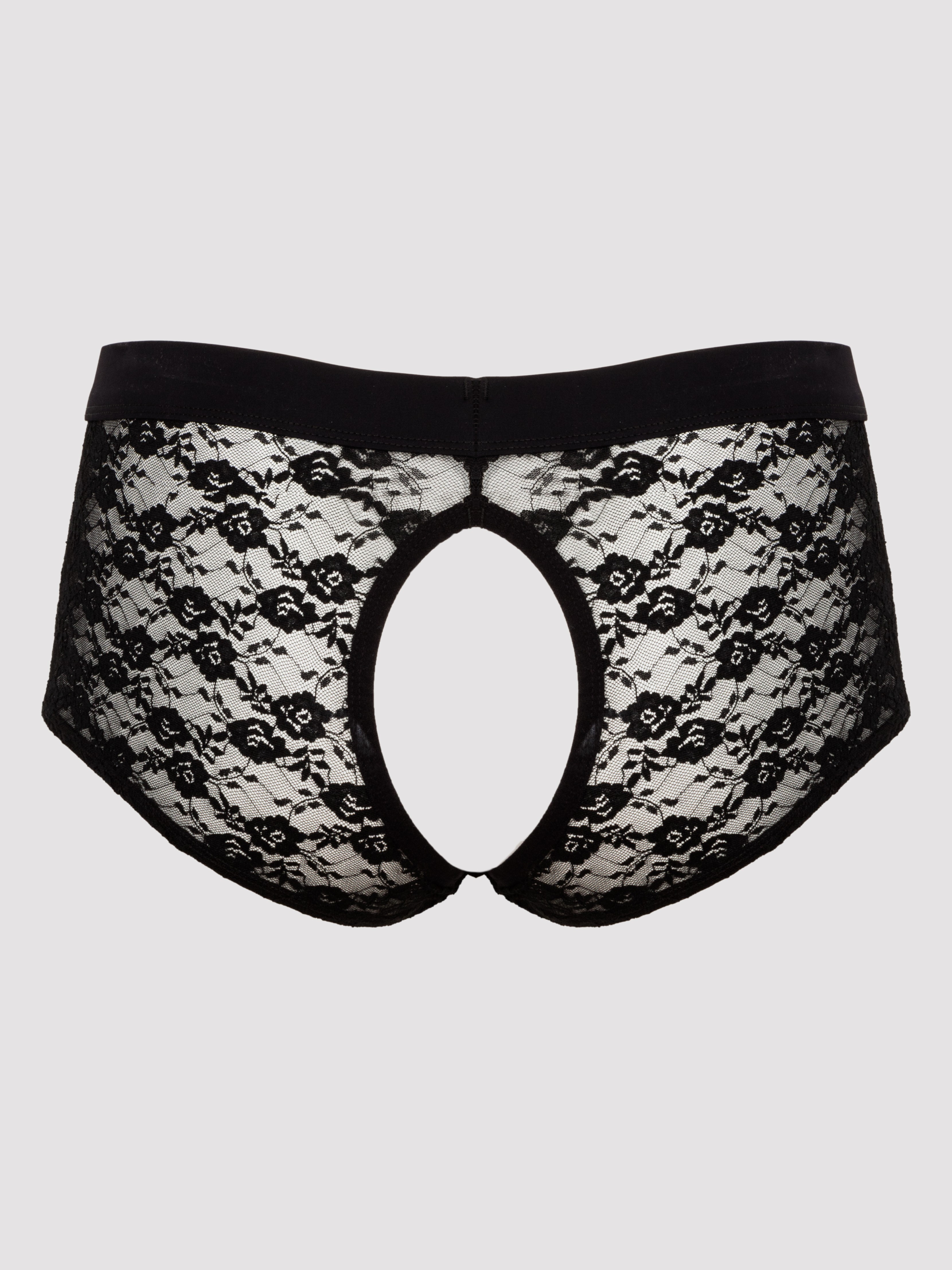 LHM Black Lace Open Front and Back Boxer Shorts, Black, hi-res