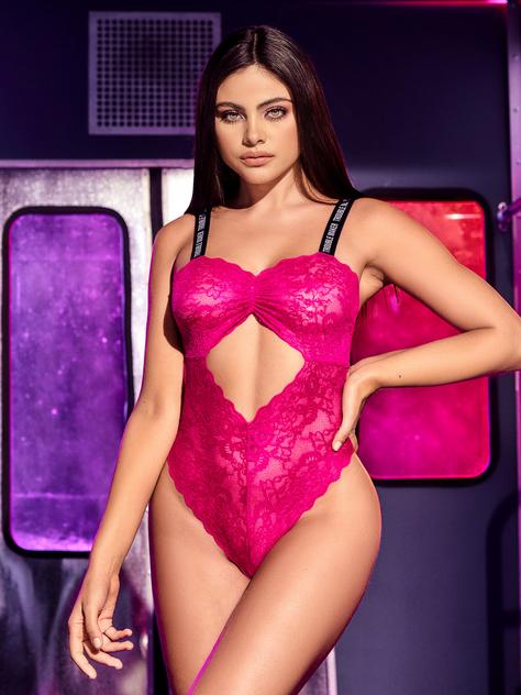 Mapale Trouble Maker Hot Pink Lace Cut-Out Teddy, Hot Pink, hi-res