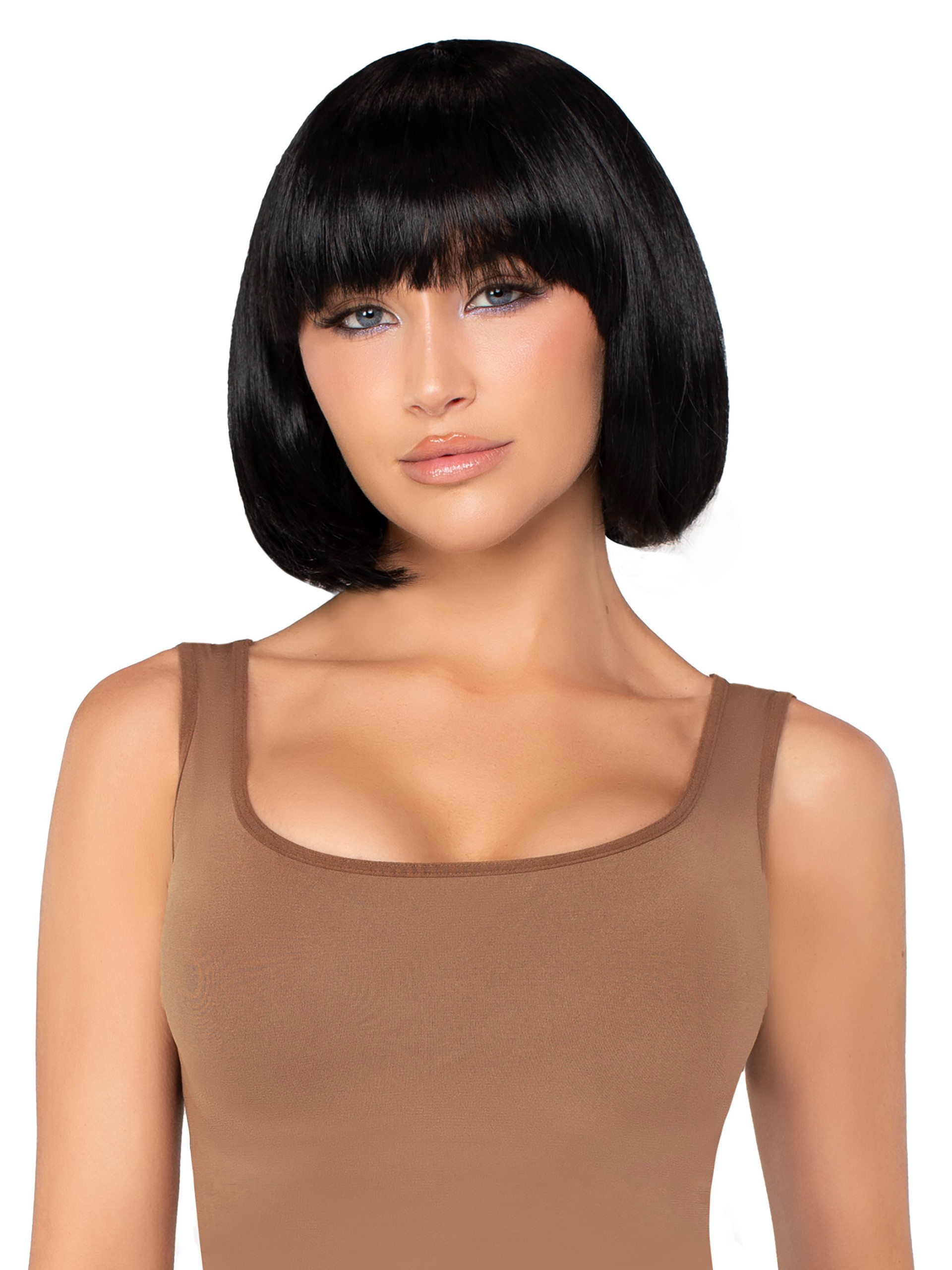 Leg Avenue Brunette Short Natural Wig With Fringe, Black, hi-res