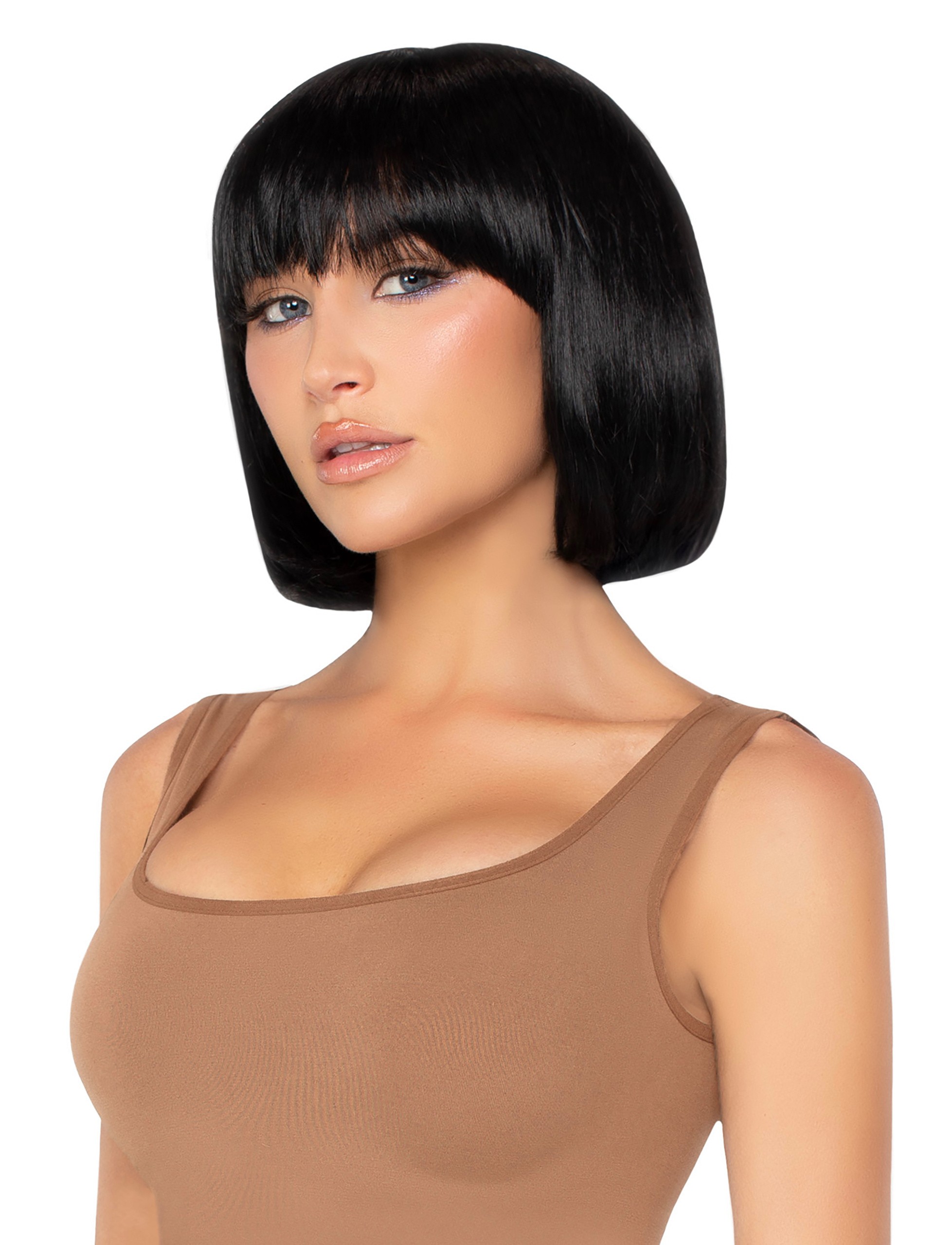 Leg Avenue Brunette Short Natural Wig With Fringe, Black, hi-res