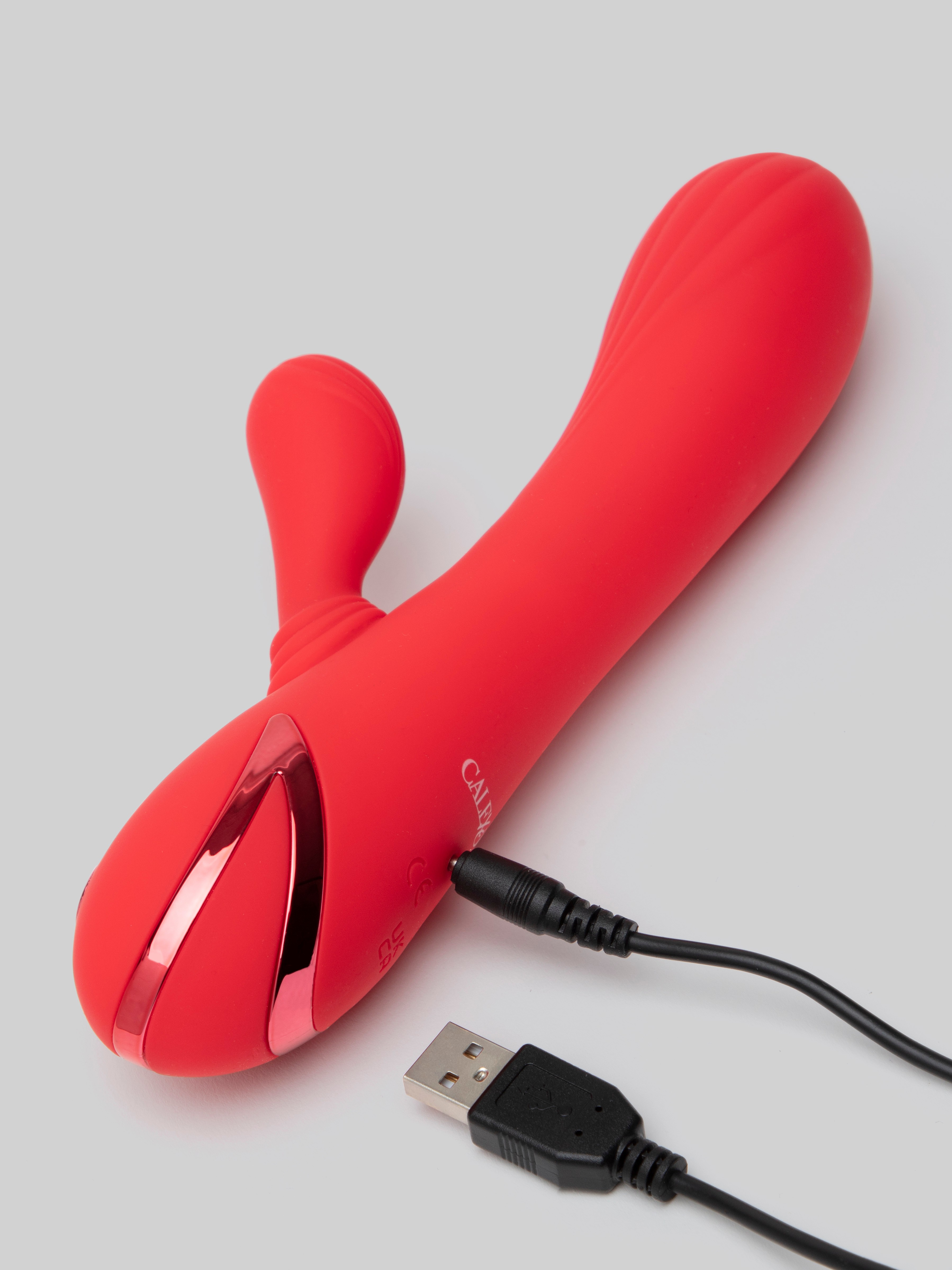 California Dreaming Rotating Warming Rechargeable Silicone Rabbit Vibrator, Red, hi-res