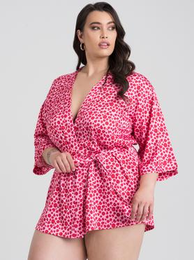 Lovehoney Plus Size Pink Heart and Leopard Print Satin Robe