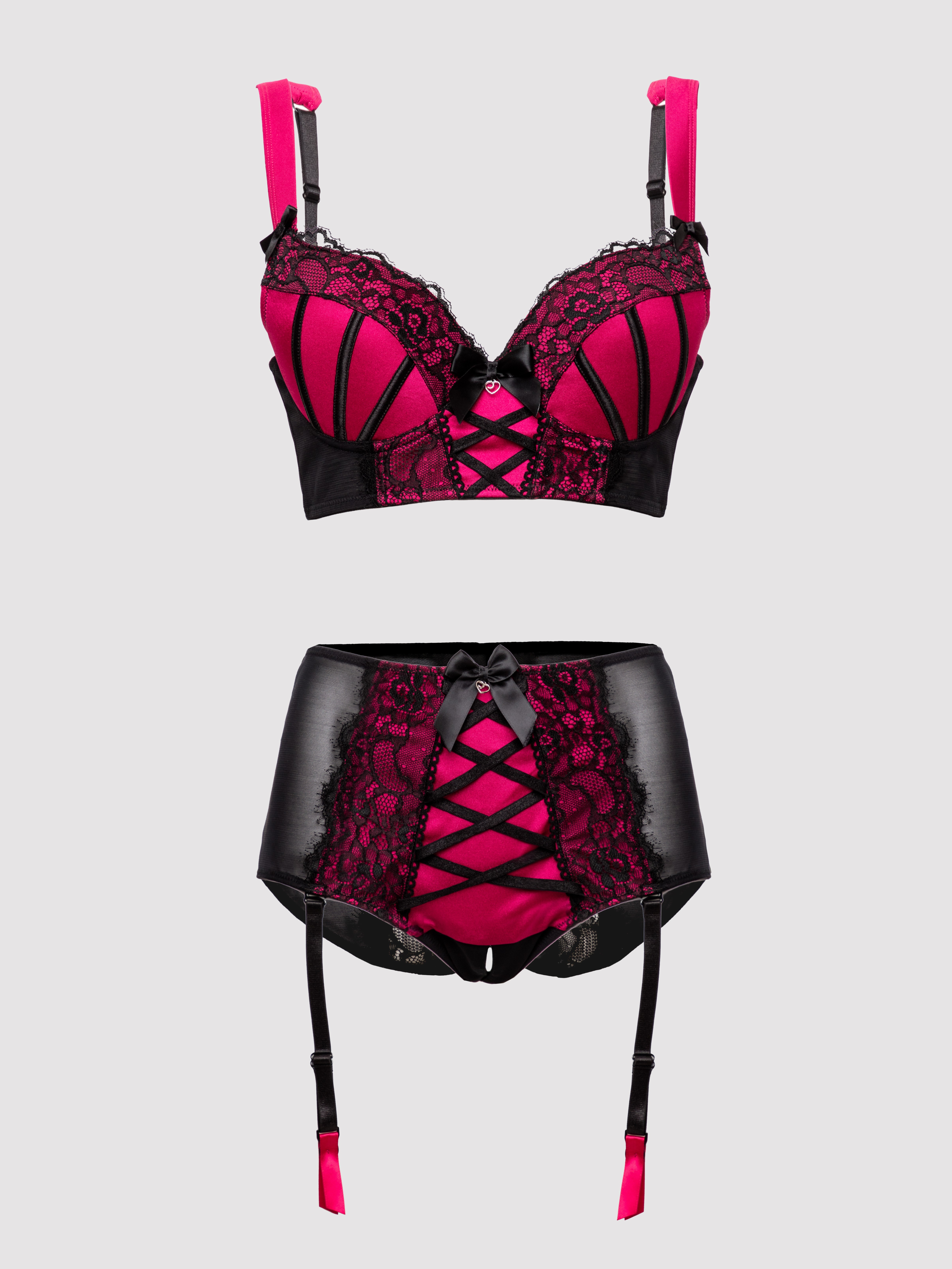 Lovehoney Boudoir Belle Cherry Push-Up Longline Bra Set, Black, hi-res