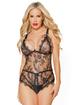Coquette Black Label Lace and Gold Chain Detail Crotchless Teddy, Black, hi-res