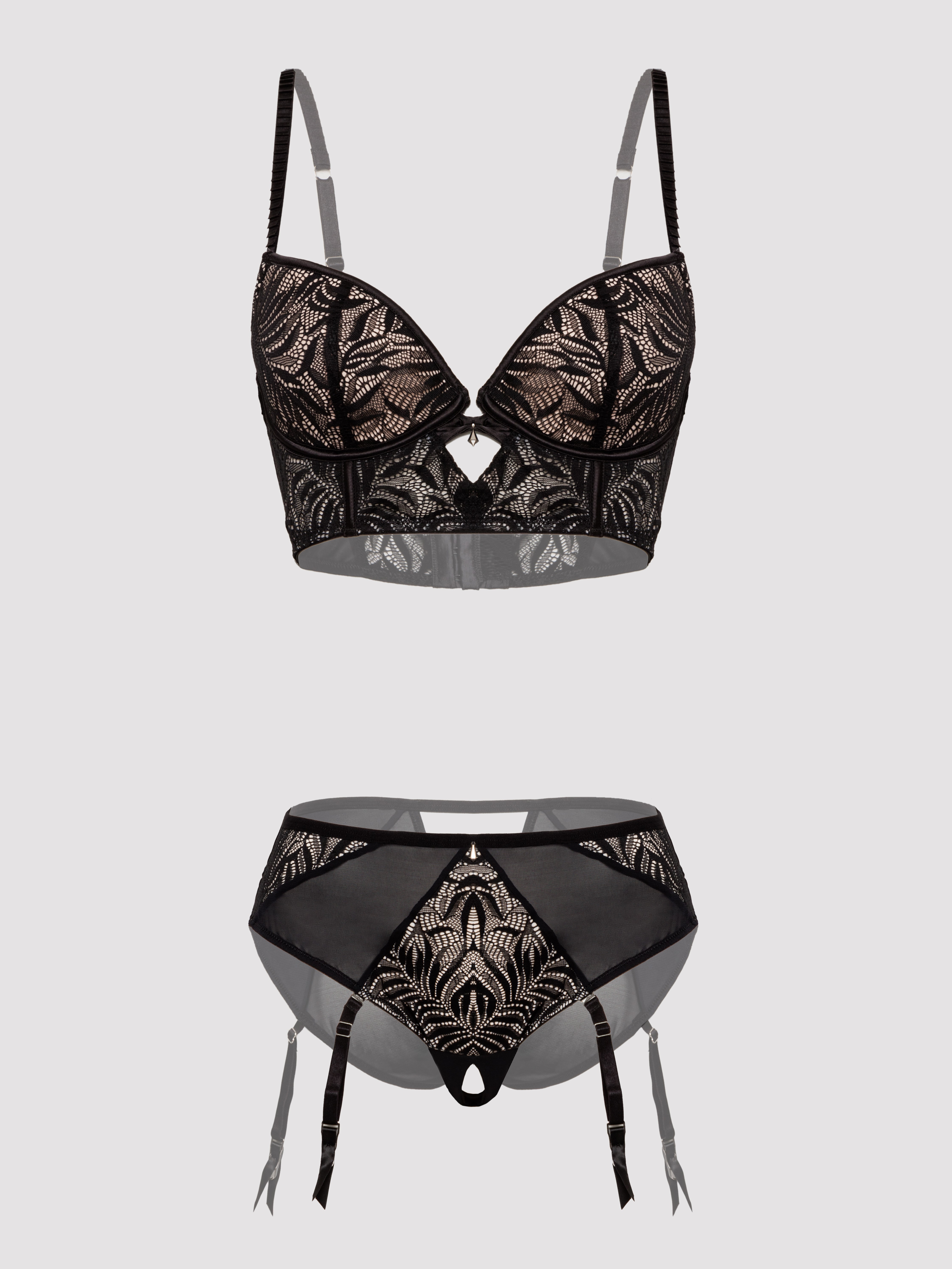 Lovehoney Parisienne Charm Lace Crotchless Bra Set, Black, hi-res
