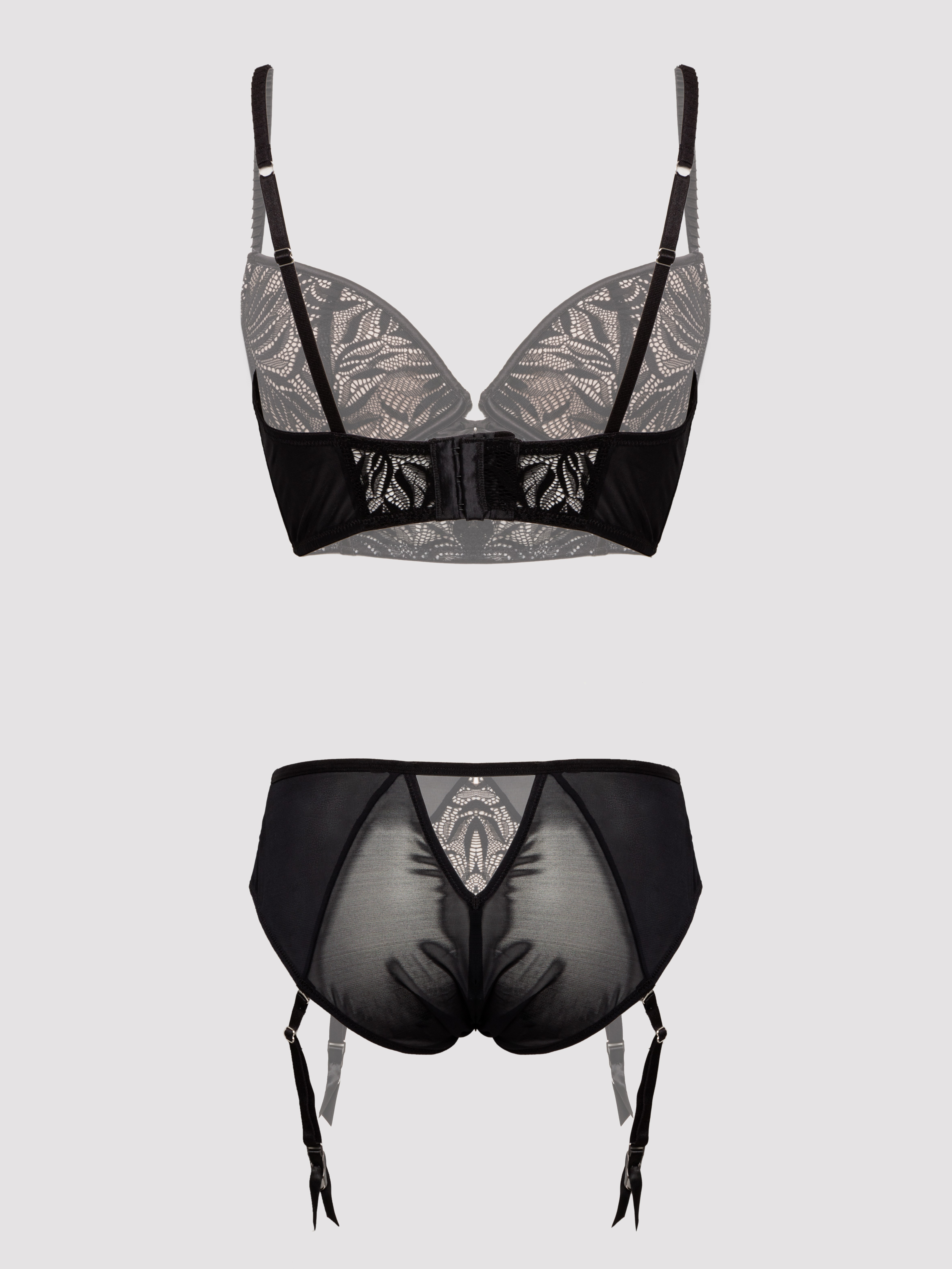 Lovehoney Parisienne Charm Lace Crotchless Bra Set, Black, hi-res