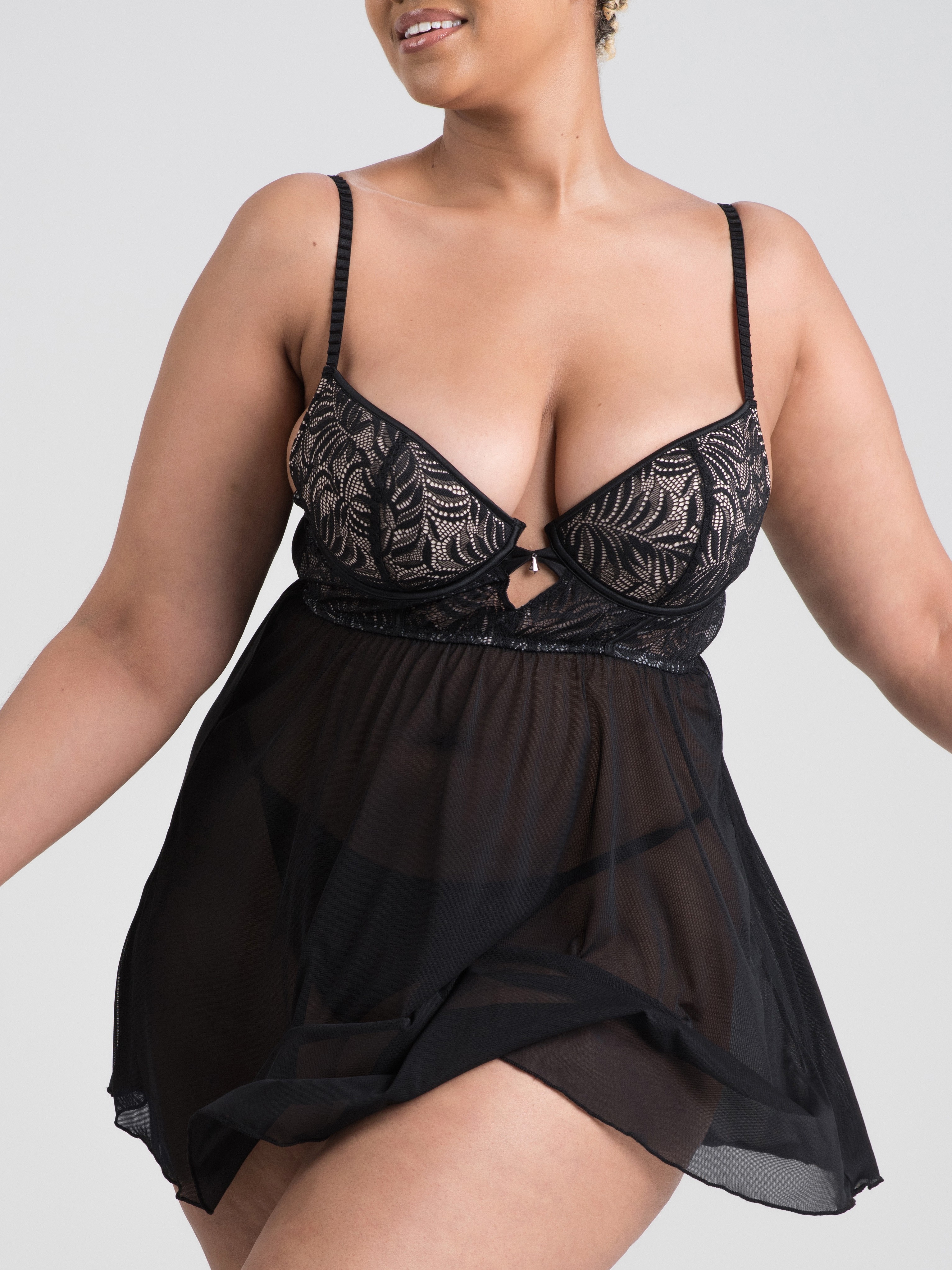 Lovehoney Plus Size Parisienne Charm Black Lace Babydoll Set, Black, hi-res