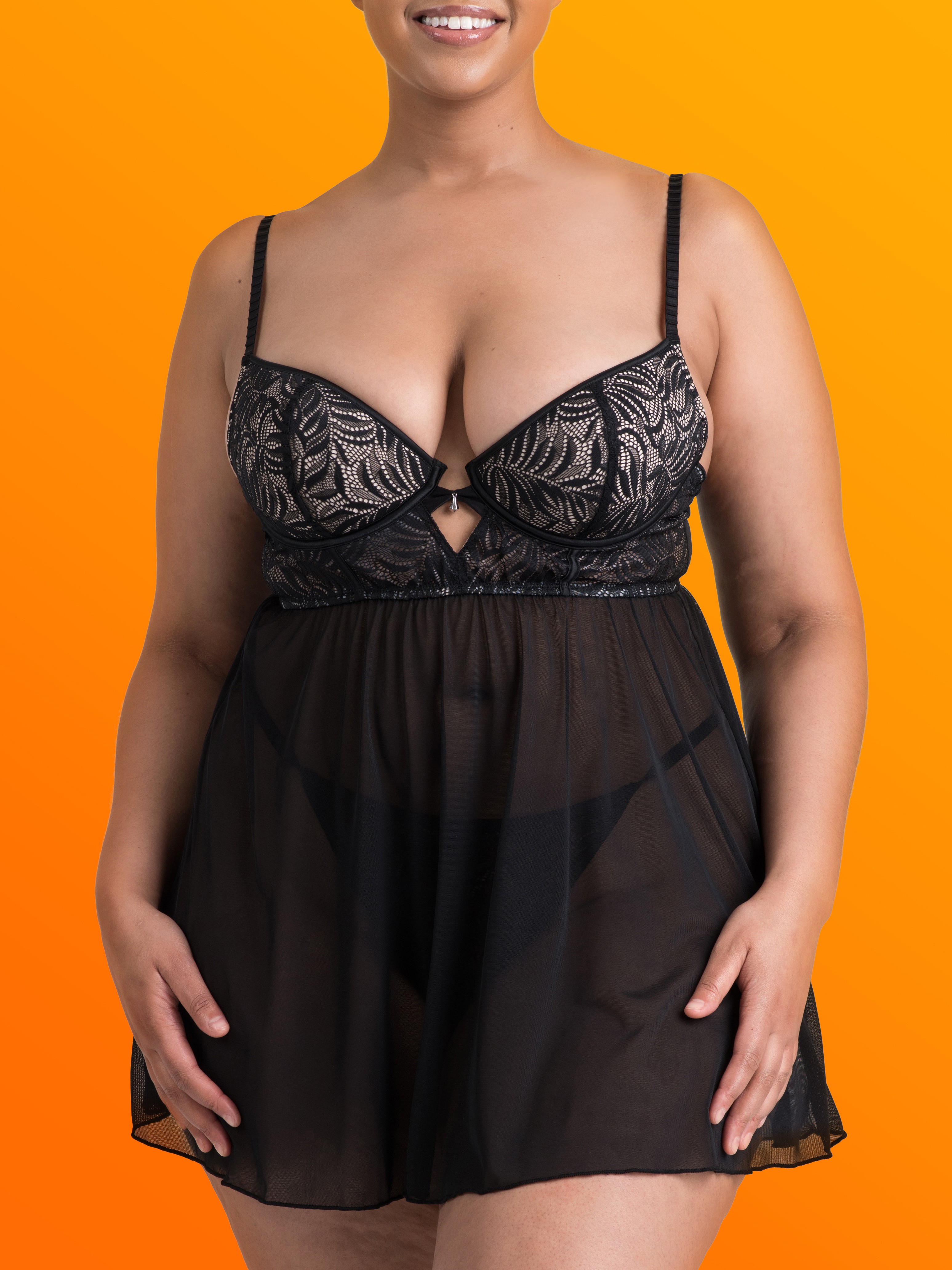 Lovehoney Plus Size Parisienne Charm Black Lace Babydoll Set, Black, hi-res