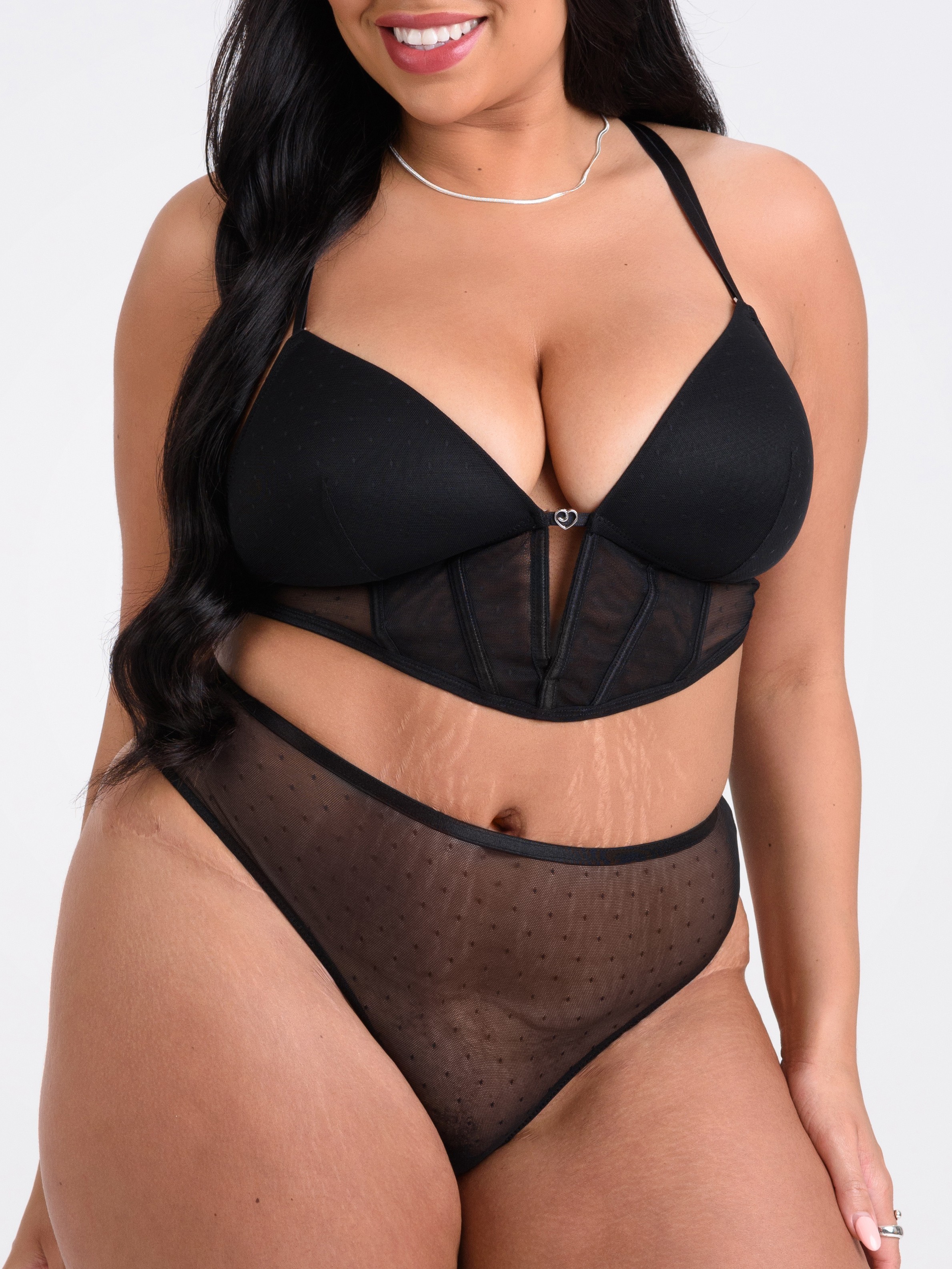 Lovehoney Plus Size Secret Noir Sheer Spot Mesh Bra Set, Black, hi-res