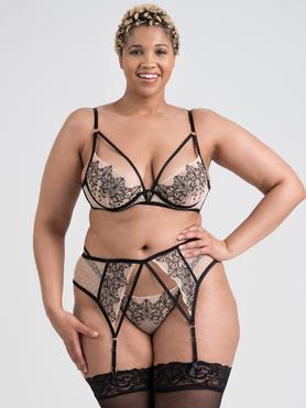 Lovehoney Plus Size Siena Gold and Embroidered Black Crotchless Bra Set