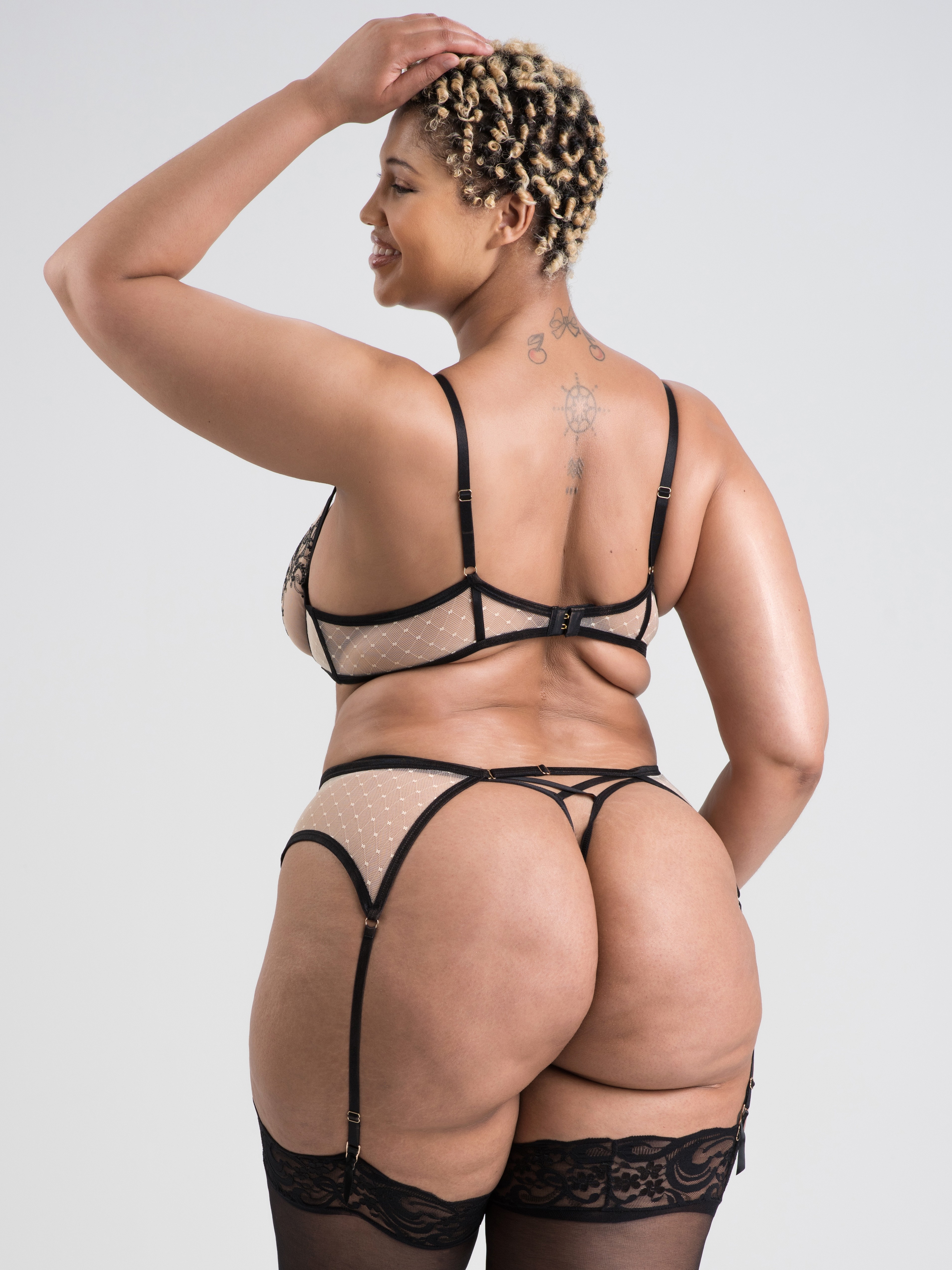 Lovehoney Siena Gold and Embroidered Black Crotchless Bra Set, Black, hi-res