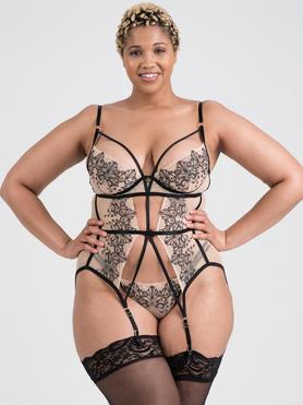 Lovehoney Plus Size Siena Gold and Embroidered Black Crotchless Bustier Set