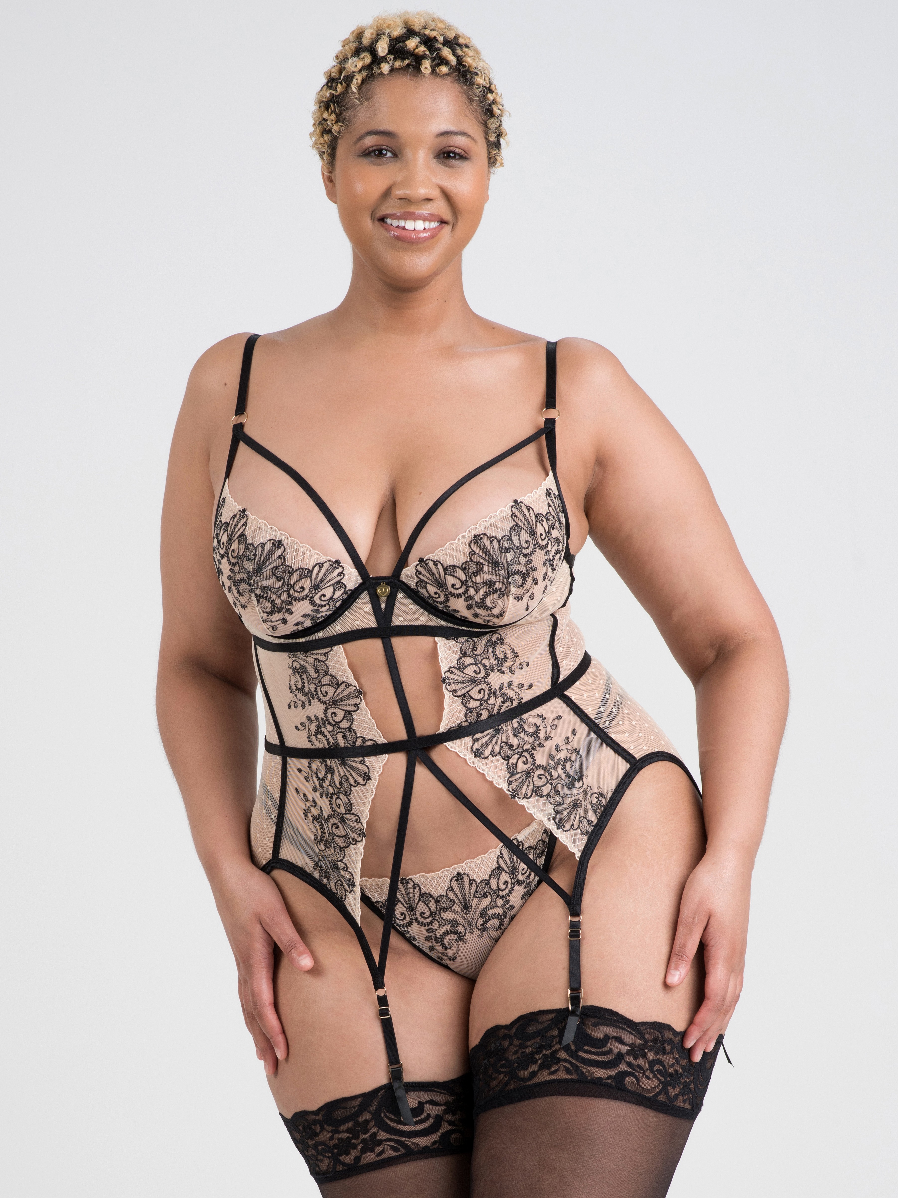 Lovehoney Siena Gold and Embroidered Black Crotchless Bustier Set, Black, hi-res