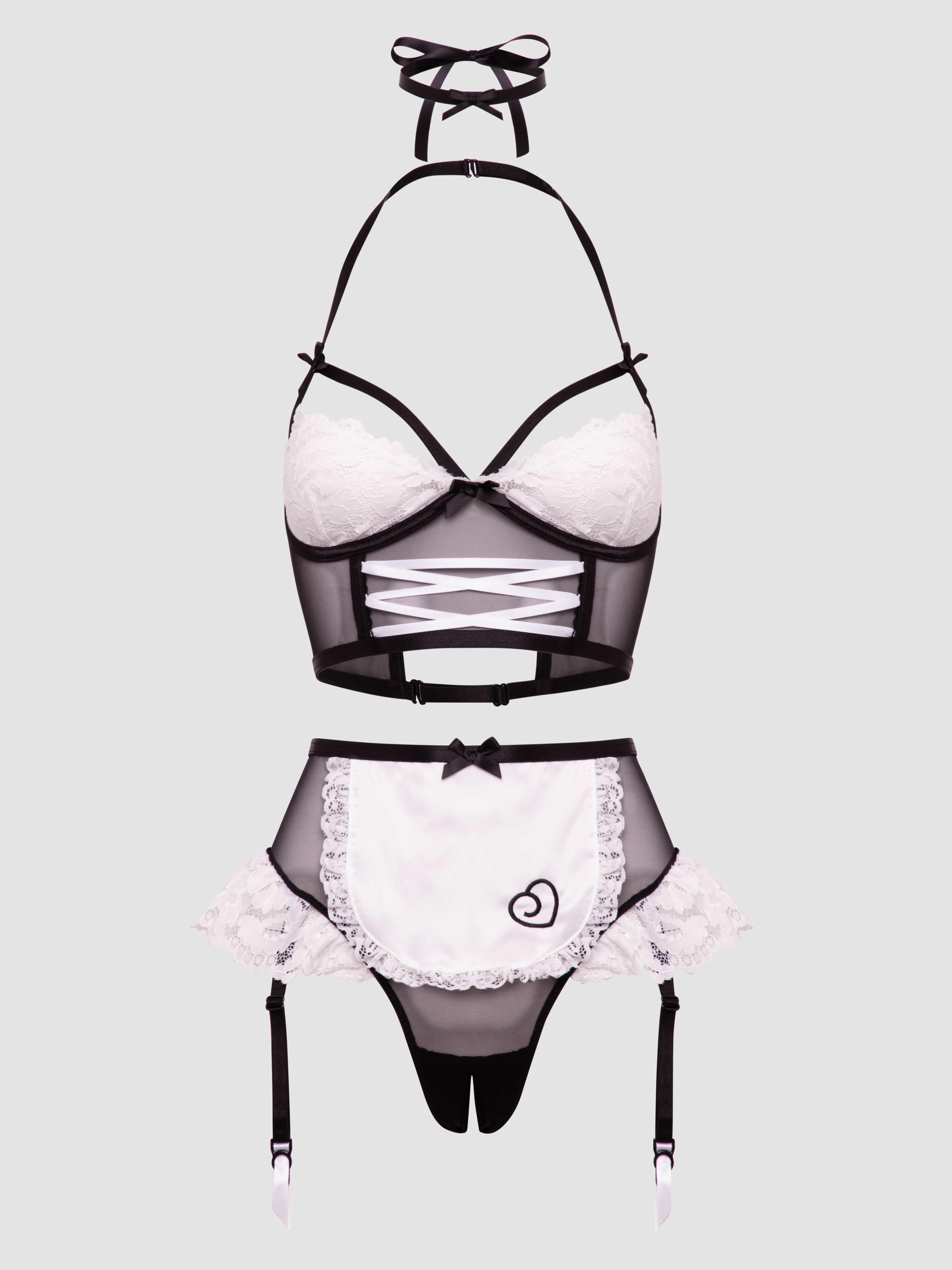 Lovehoney Fantasy Frisky Maid Half Cup Crotchless Costume, Black, hi-res