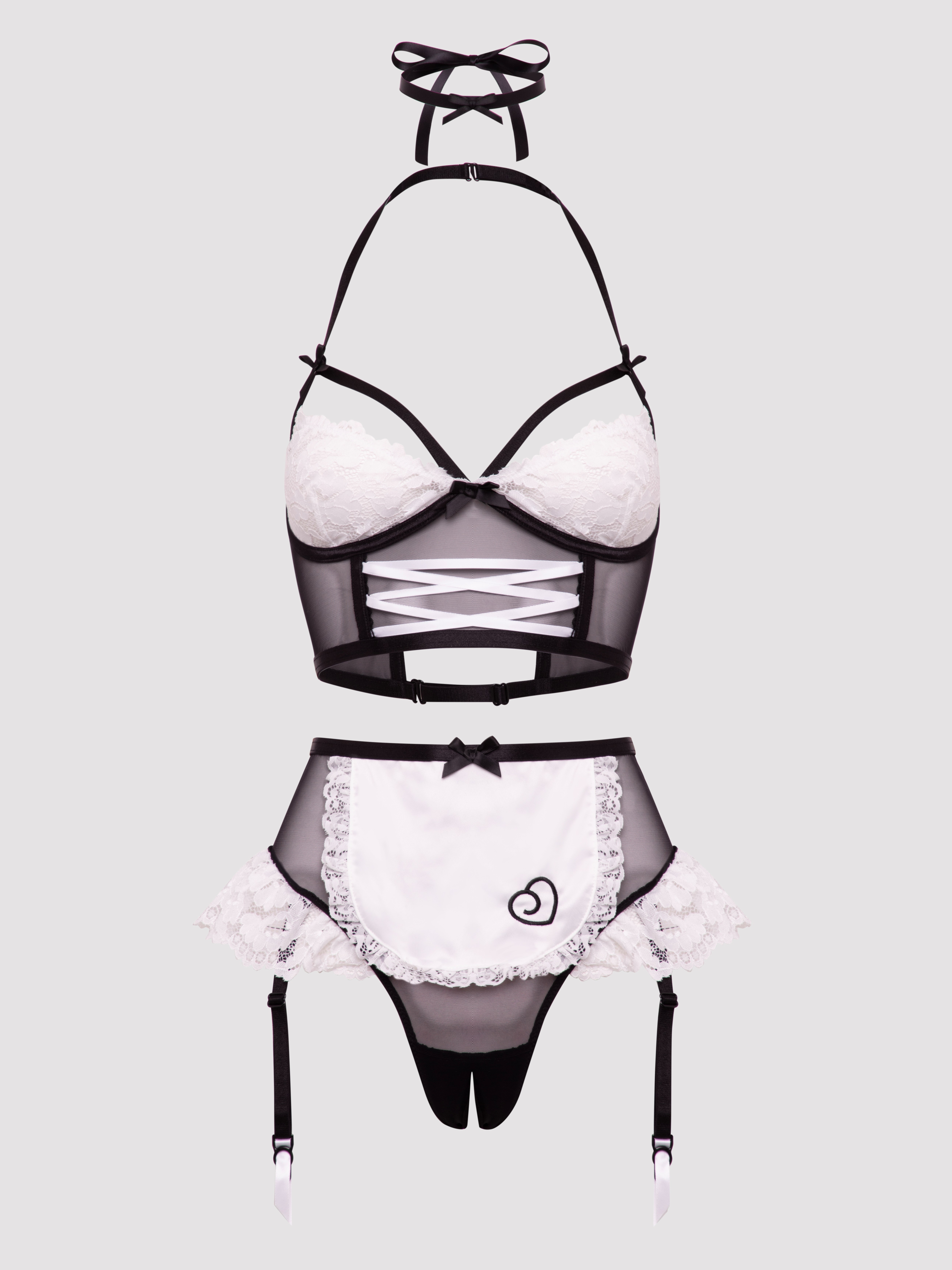 Lovehoney Fantasy Frisky Maid Half Cup Crotchless Costume, Black, hi-res