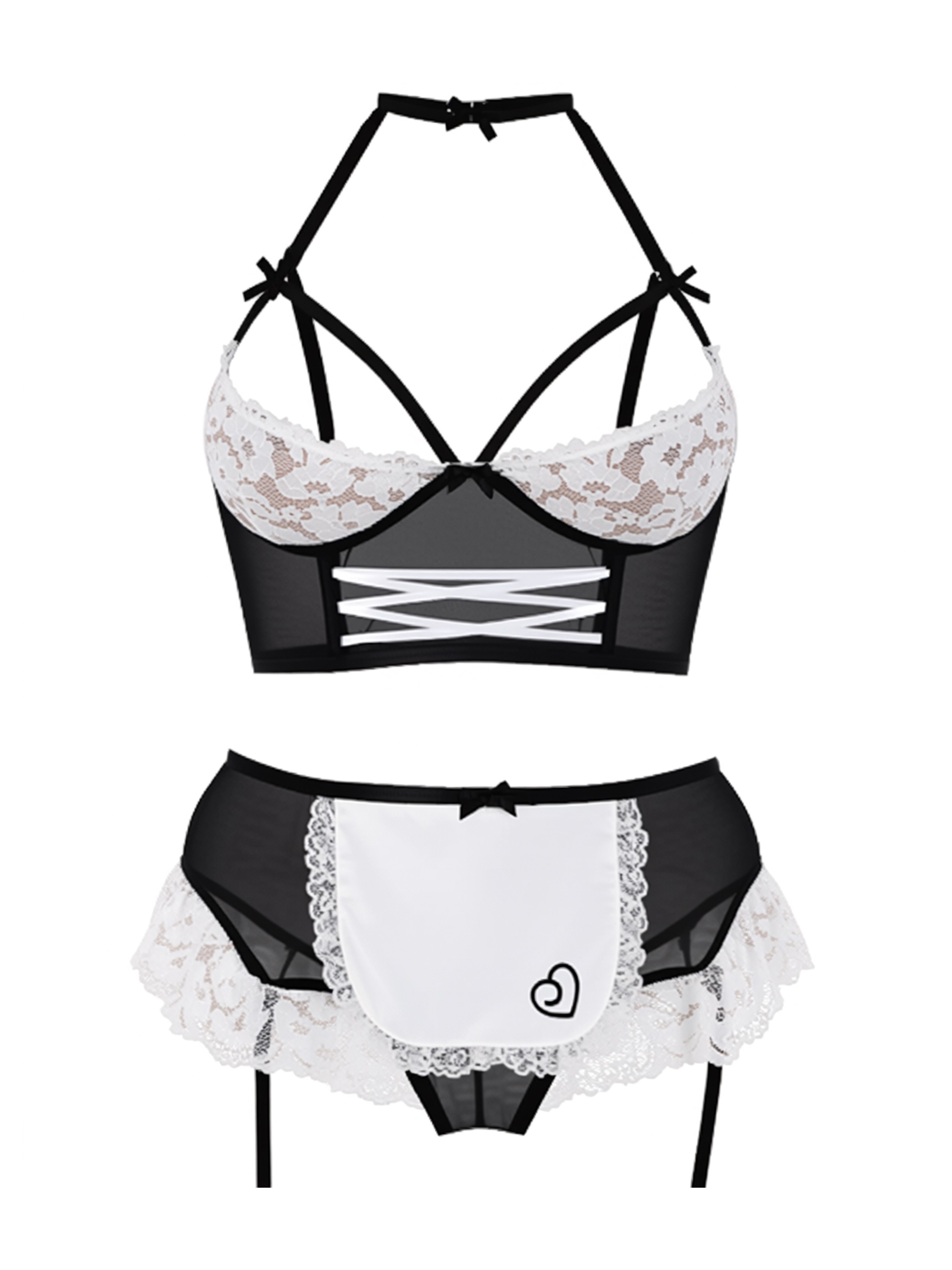 Lovehoney Fantasy Frisky Maid Half Cup Crotchless Costume, Black, hi-res