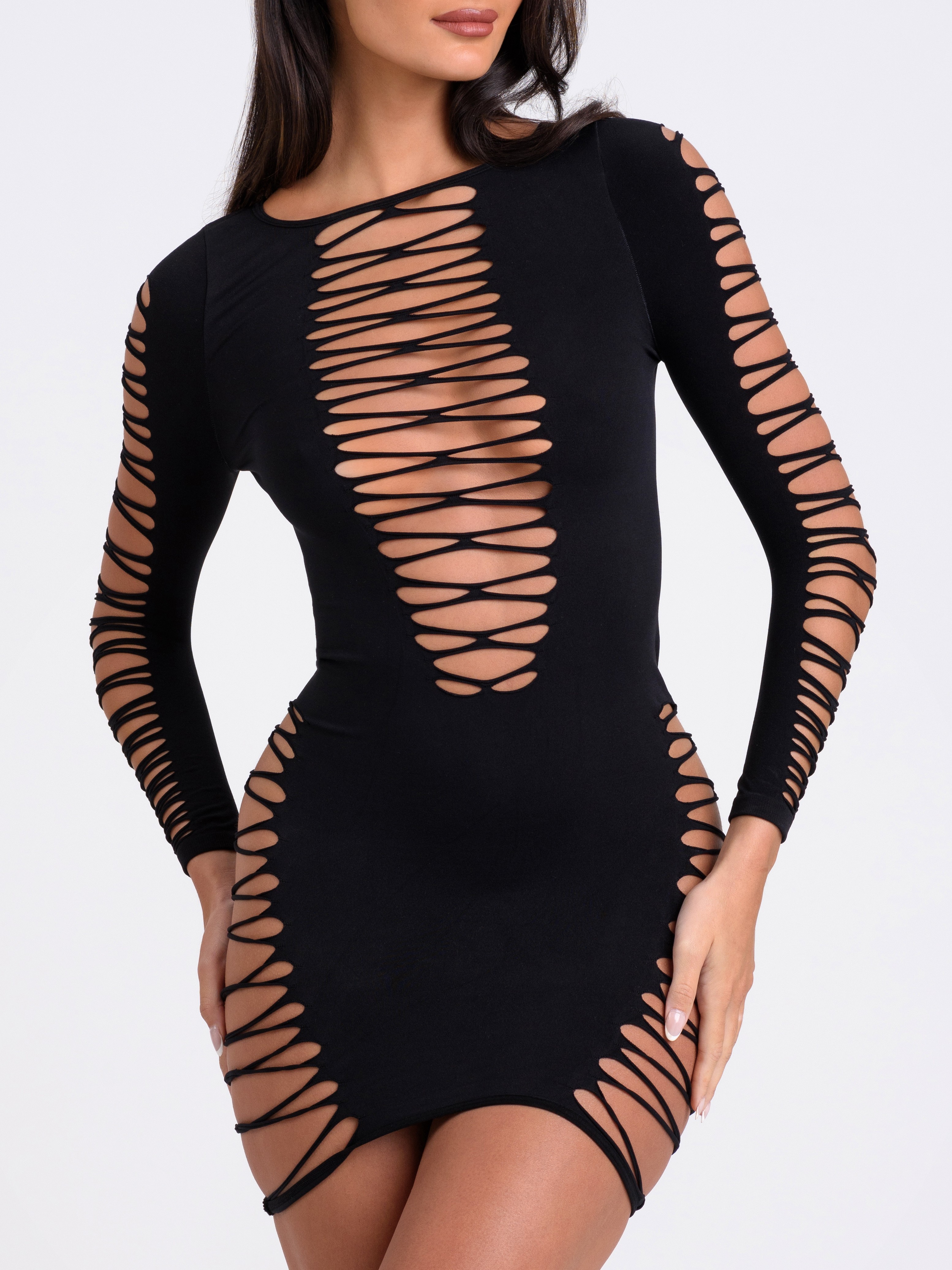 Lovehoney Black Criss-Cross Long Sleeve Dress, Black, vanilla