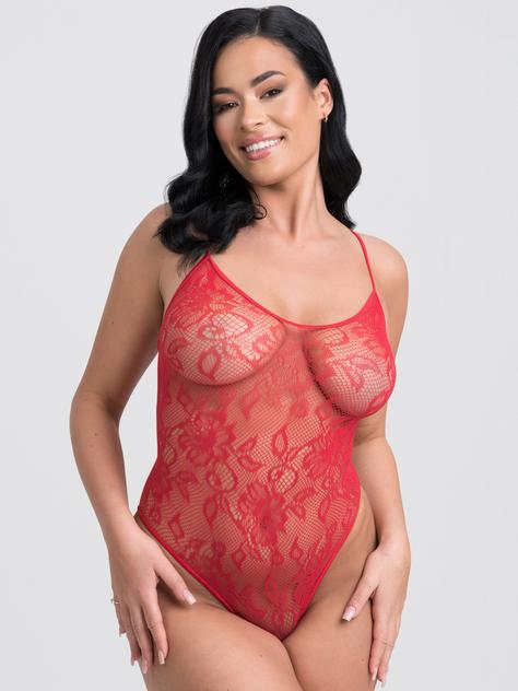 Lovehoney Black Crotchless Lace Spaghetti Strap Body, Red, hi-res
