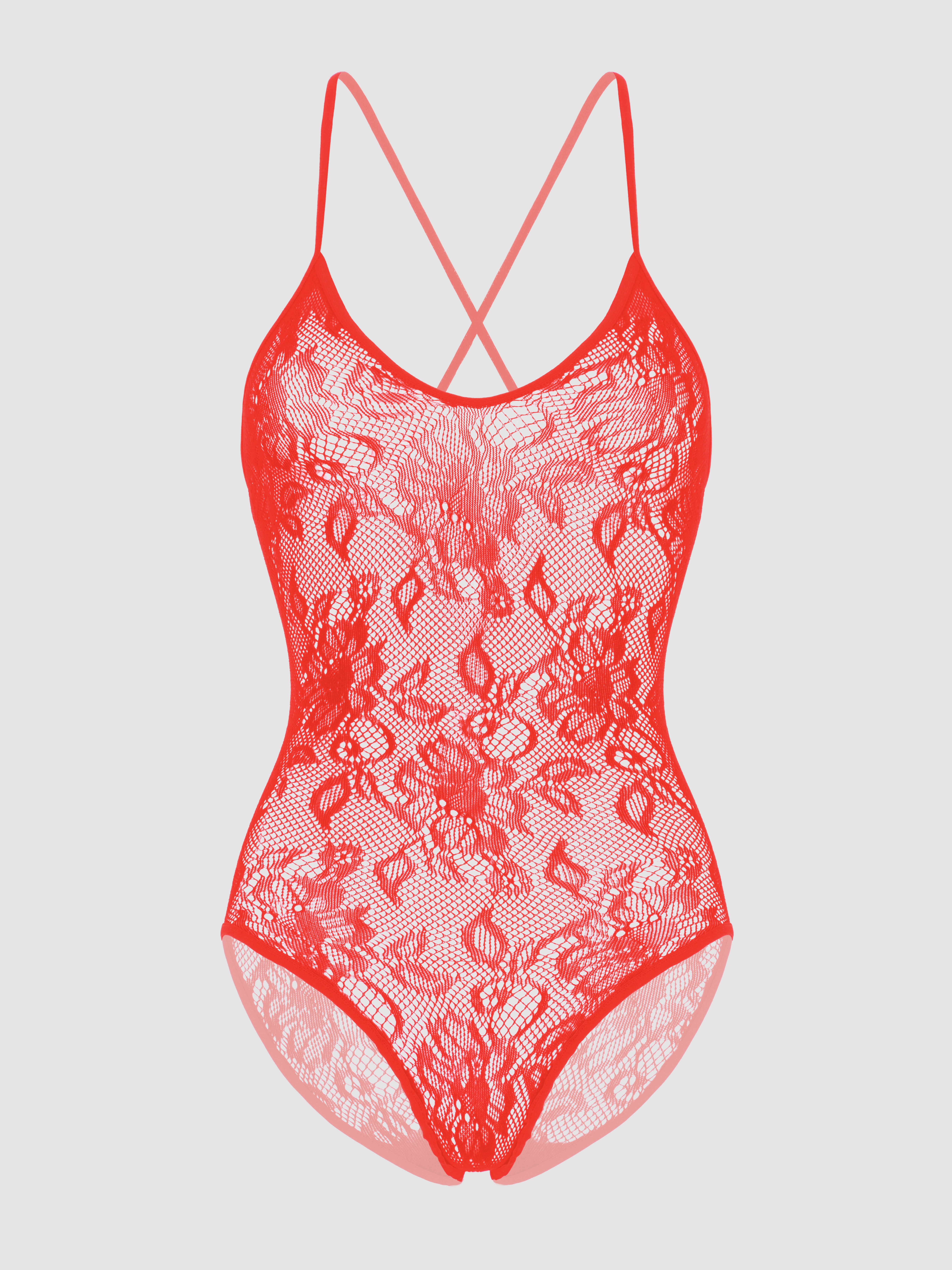 Lovehoney Plus Size Red Crotchless Lace Spaghetti Strap Body, Red, vanilla