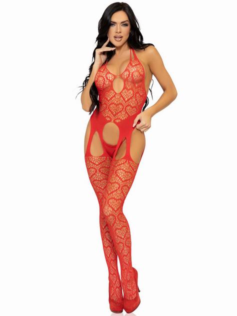 Leg Avenue Red Heart Crotchless Net Garter Bodystocking, Red, hi-res